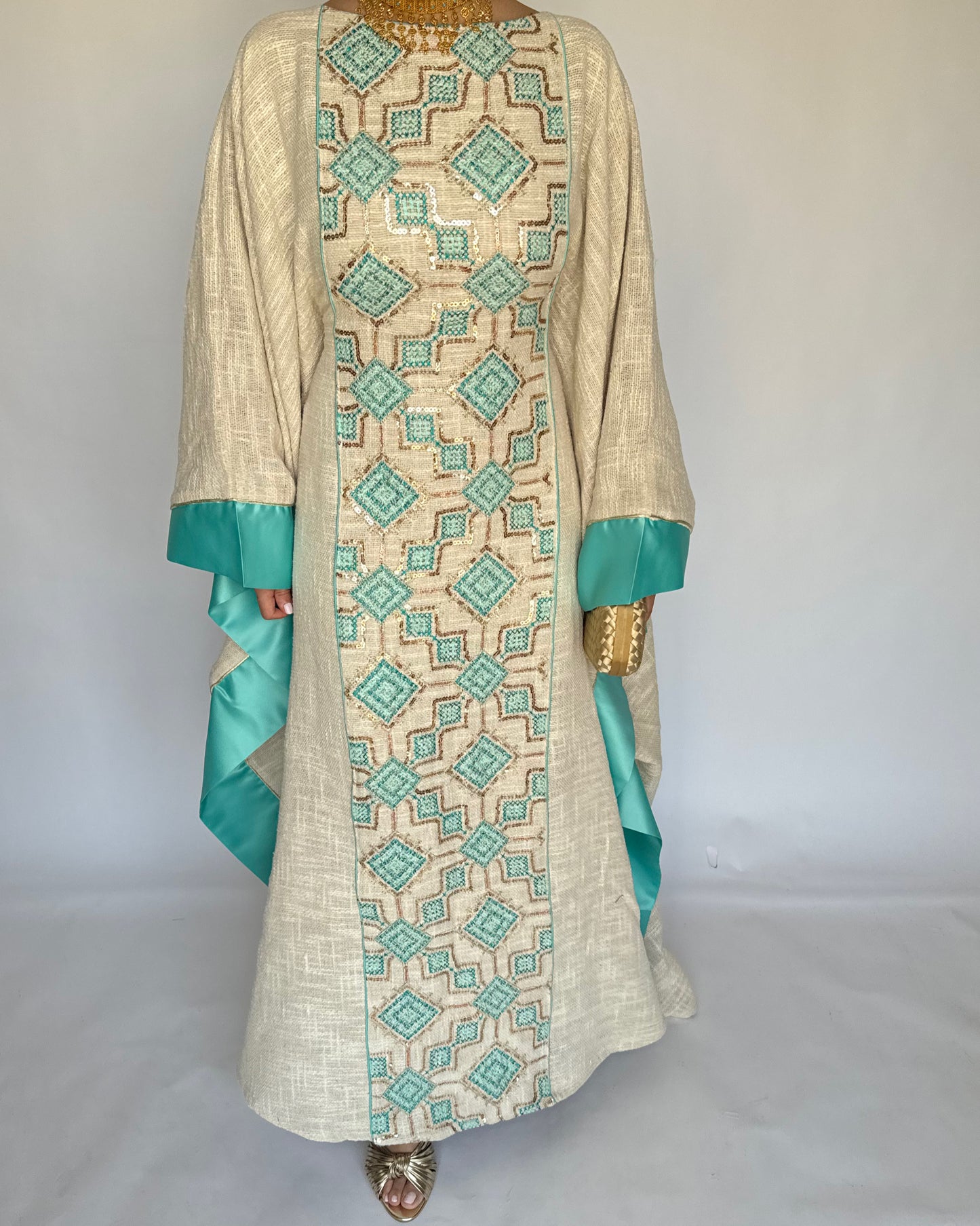 A335 - Blue & Beige Linen Butterfly Cut Jalabiya
