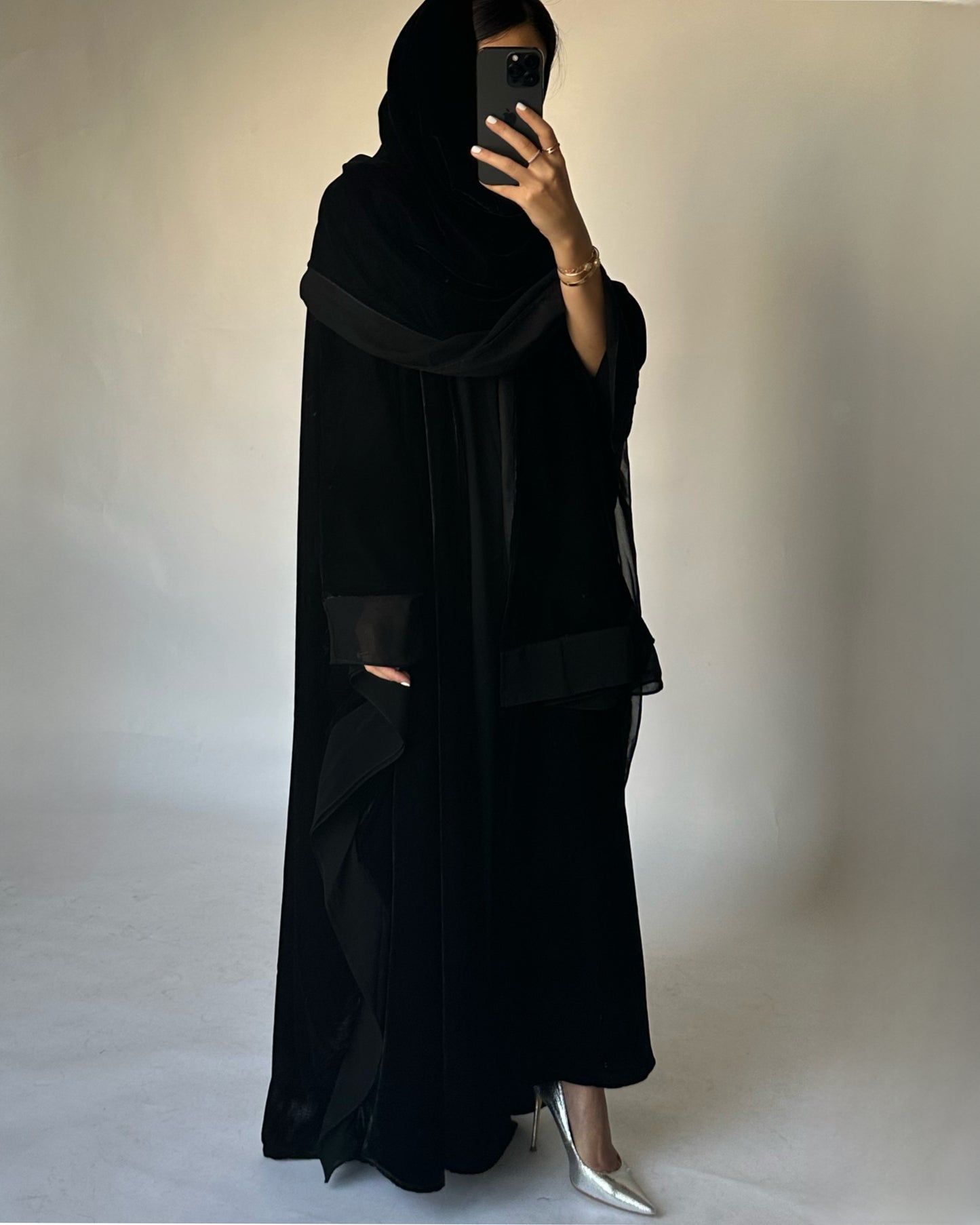 A140 - Black Velvet Abaya, Velvet Head Scarf & Chiffon Dress