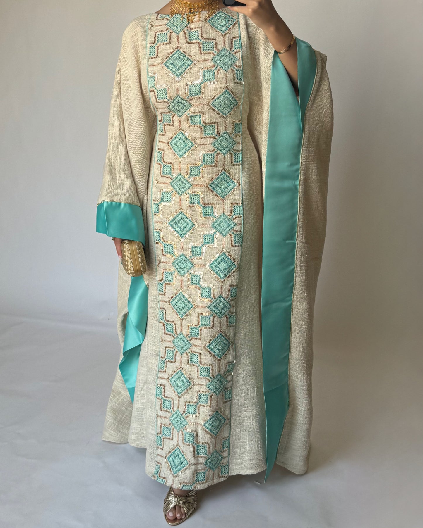 A335 - Blue & Beige Linen Butterfly Cut Jalabiya