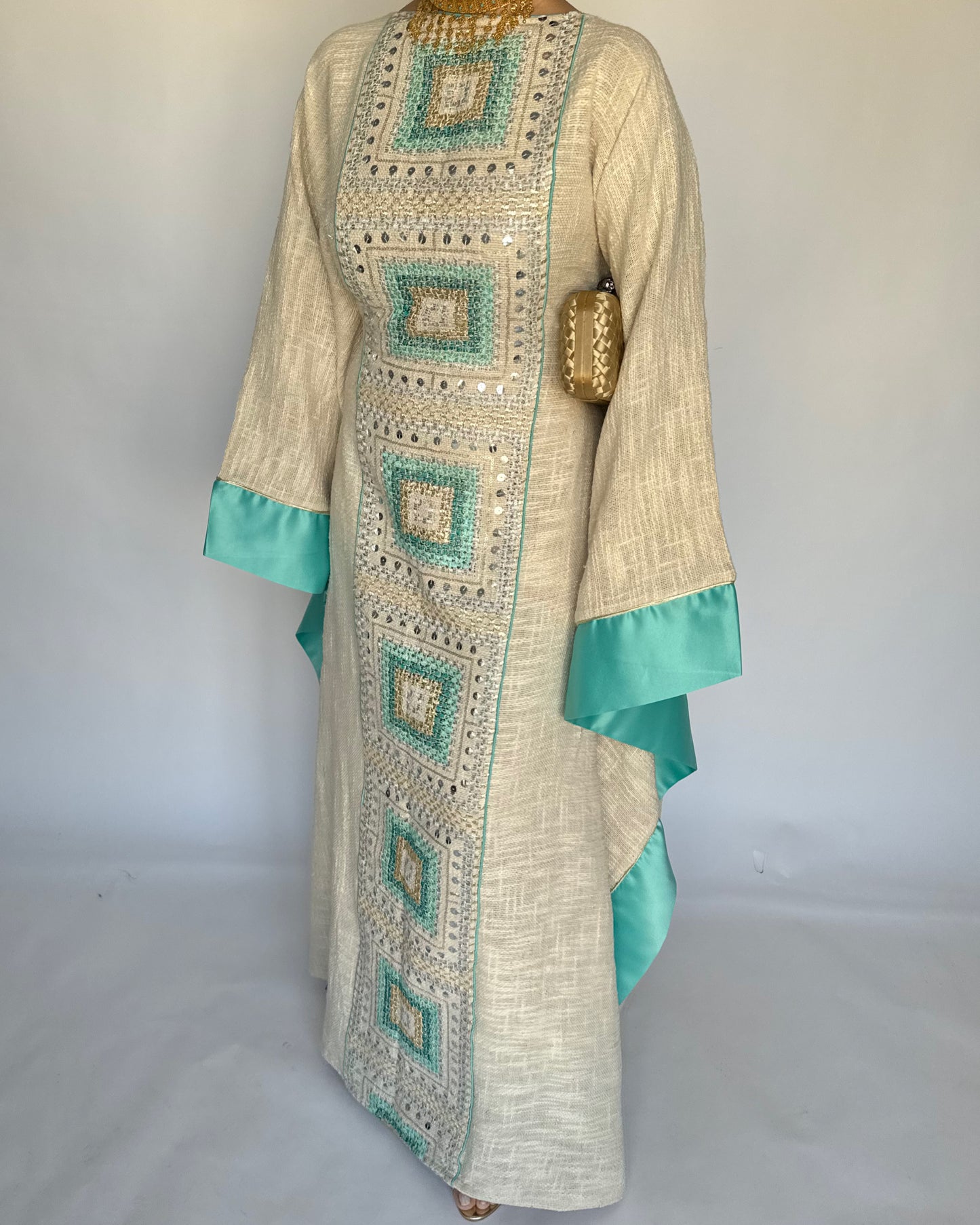 A338 - Blue & Beige Linen Butterfly Cut Jalabiya