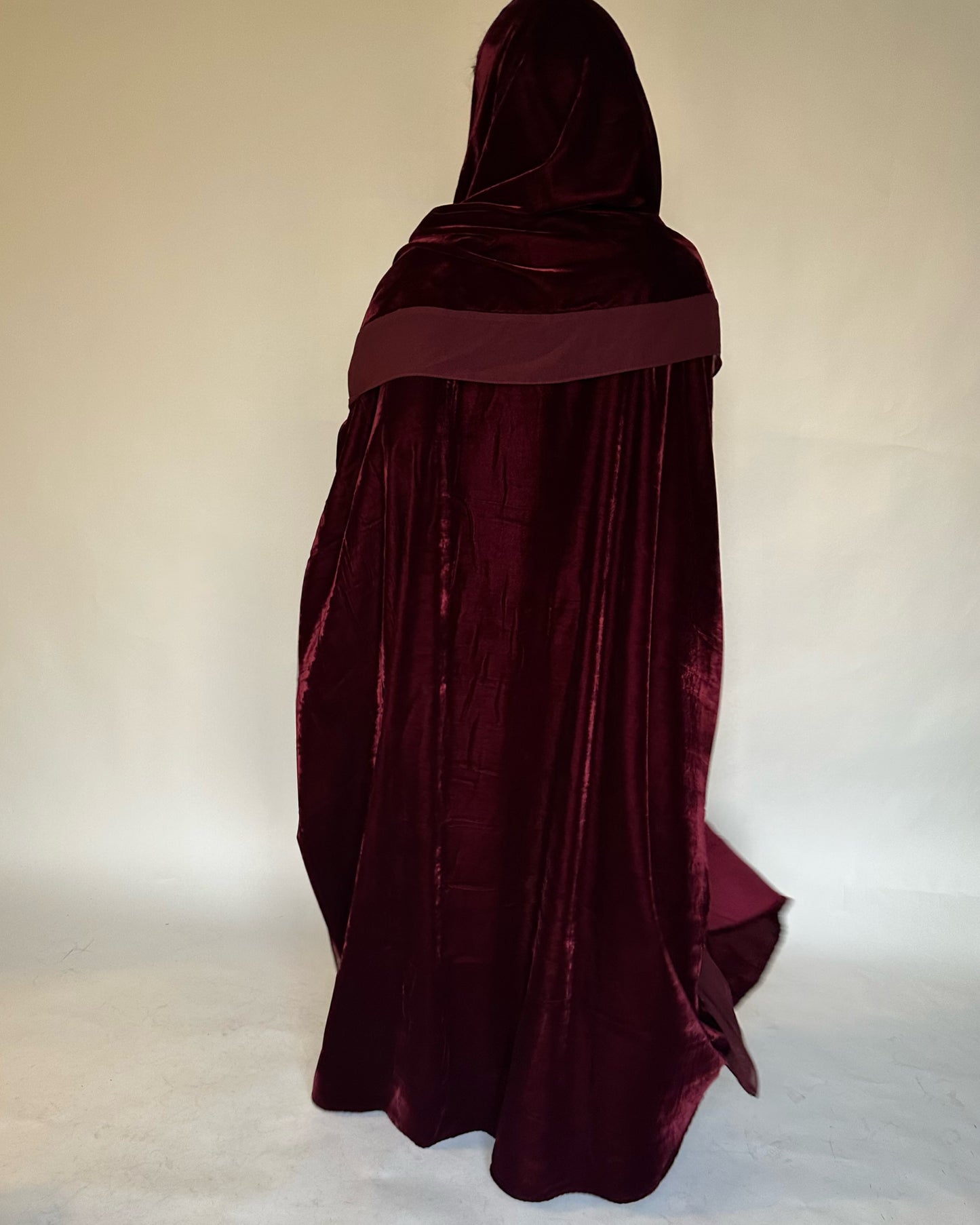 A138 - Maroon Burgandy Velvet Abaya, Velvet Head Scarf & Chiffon Dress