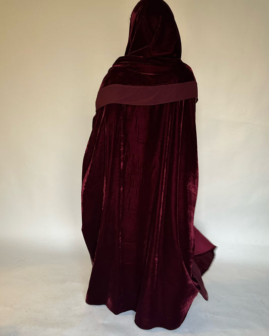 A138 - Maroon Burgandy Velvet Abaya, Velvet Head Scarf & Chiffon Dress