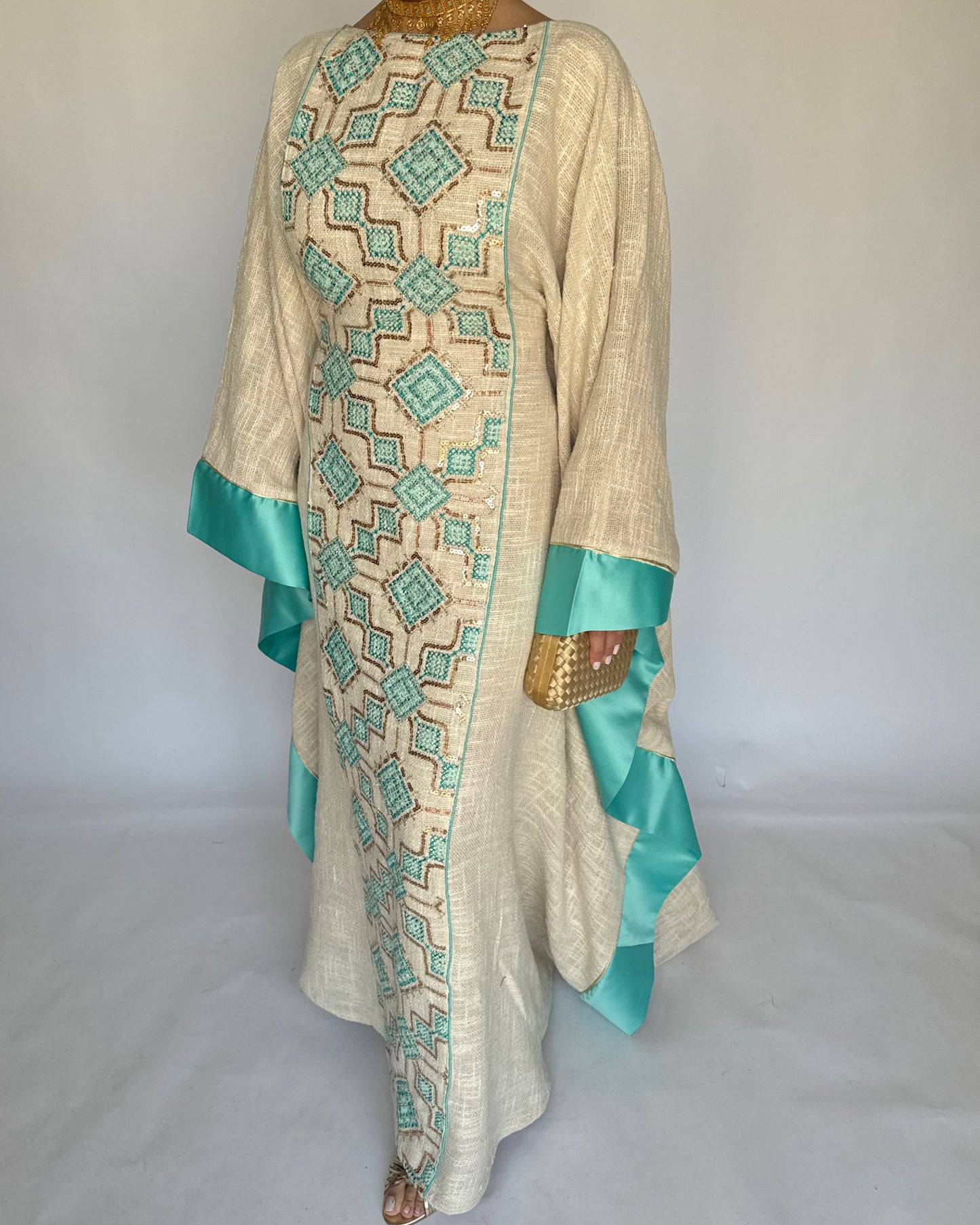 A335 - Blue & Beige Linen Butterfly Cut Jalabiya