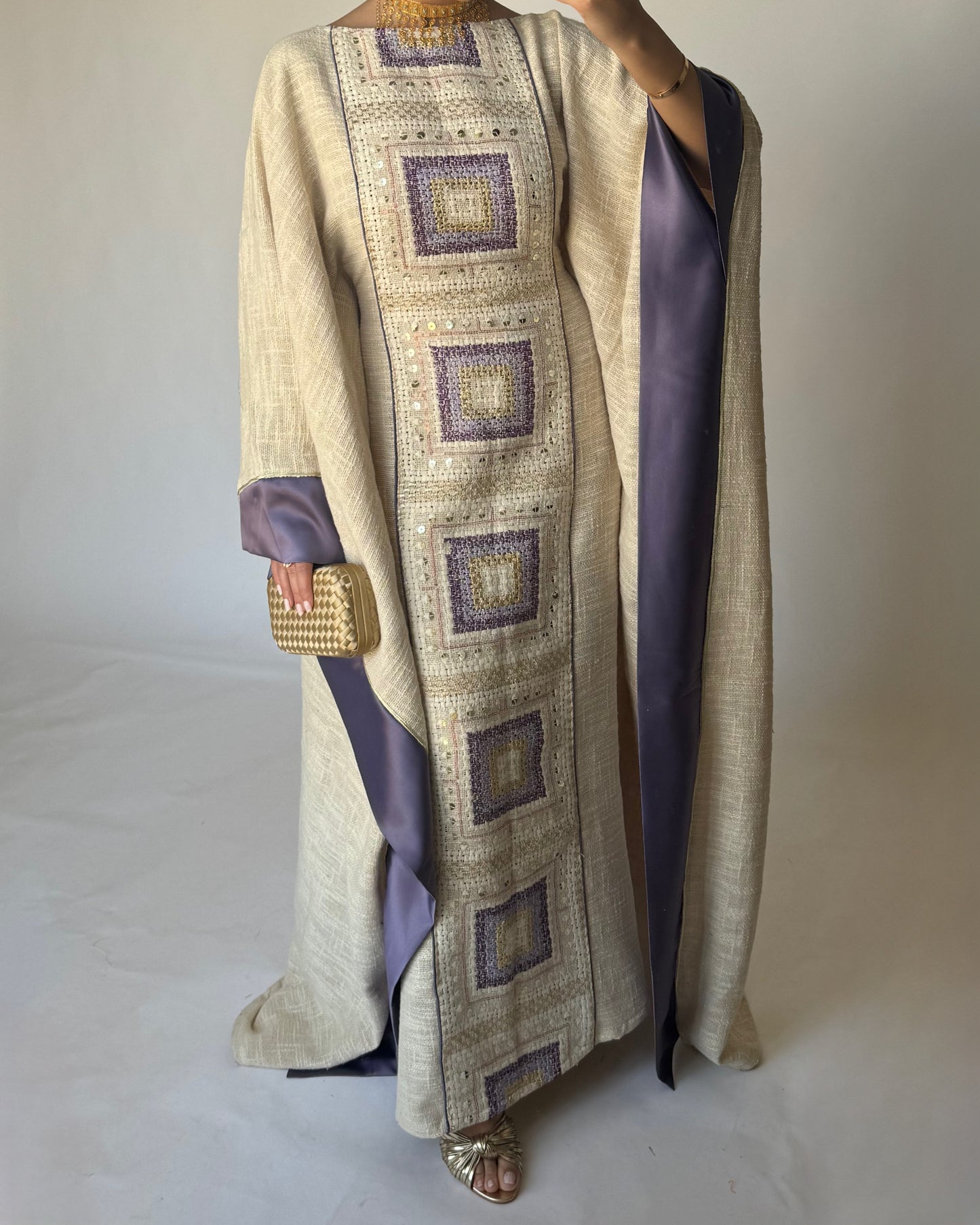 A340 - Purple & Beige Linen Butterfly Cut Jalabiya