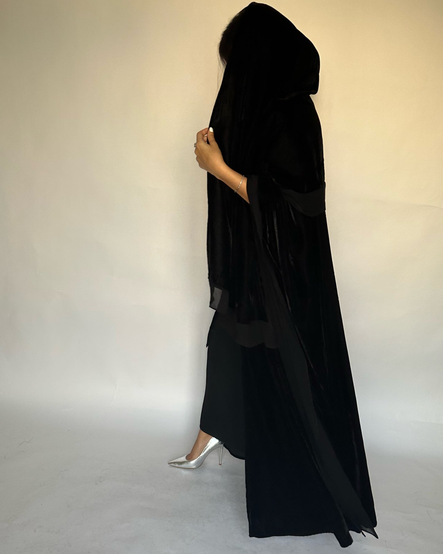 A140 - Black Velvet Abaya, Velvet Head Scarf & Chiffon Dress