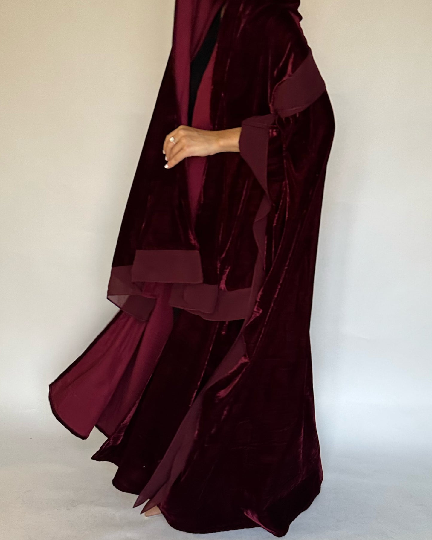 A138 - Maroon Burgandy Velvet Abaya, Velvet Head Scarf & Chiffon Dress