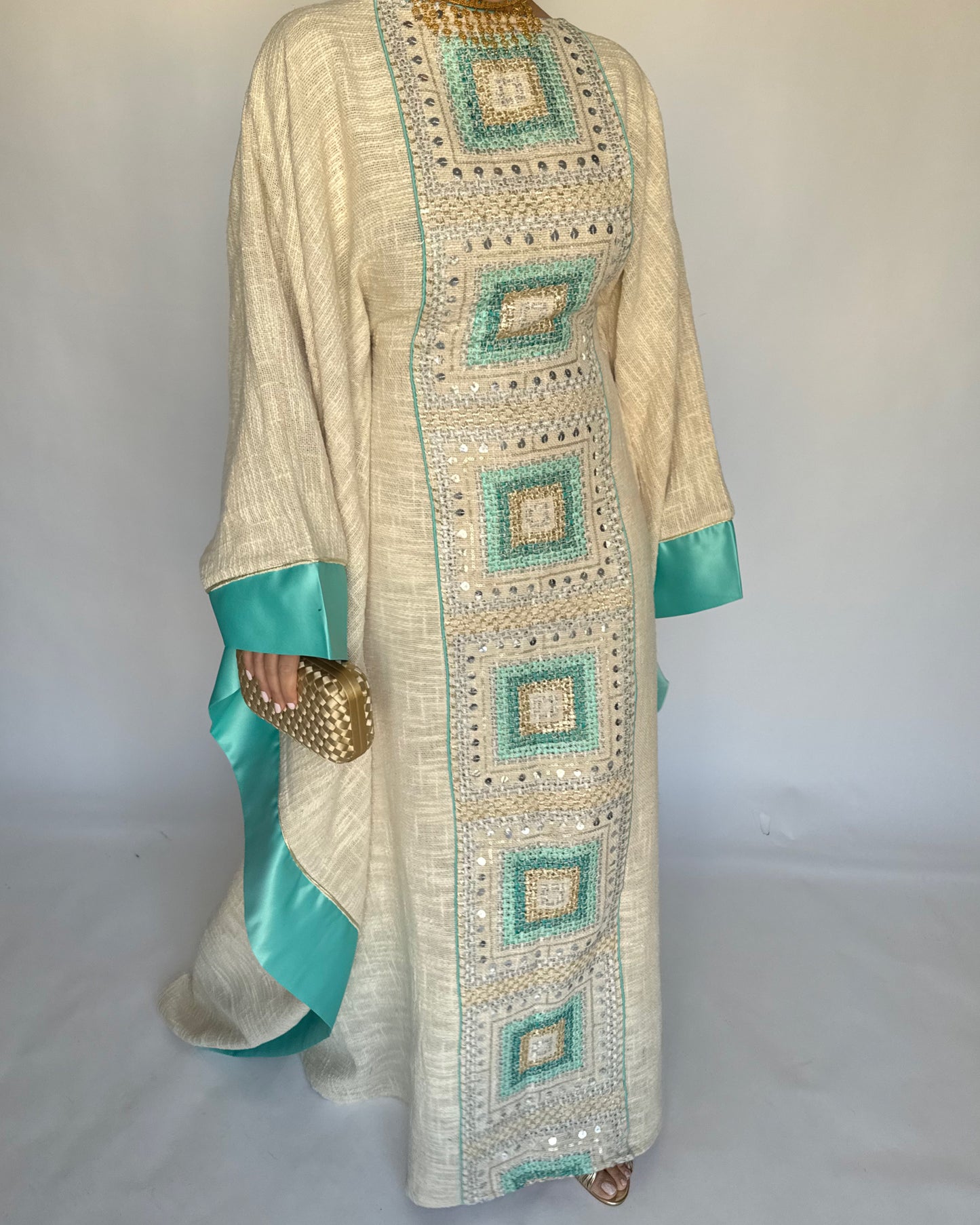 A338 - Blue & Beige Linen Butterfly Cut Jalabiya