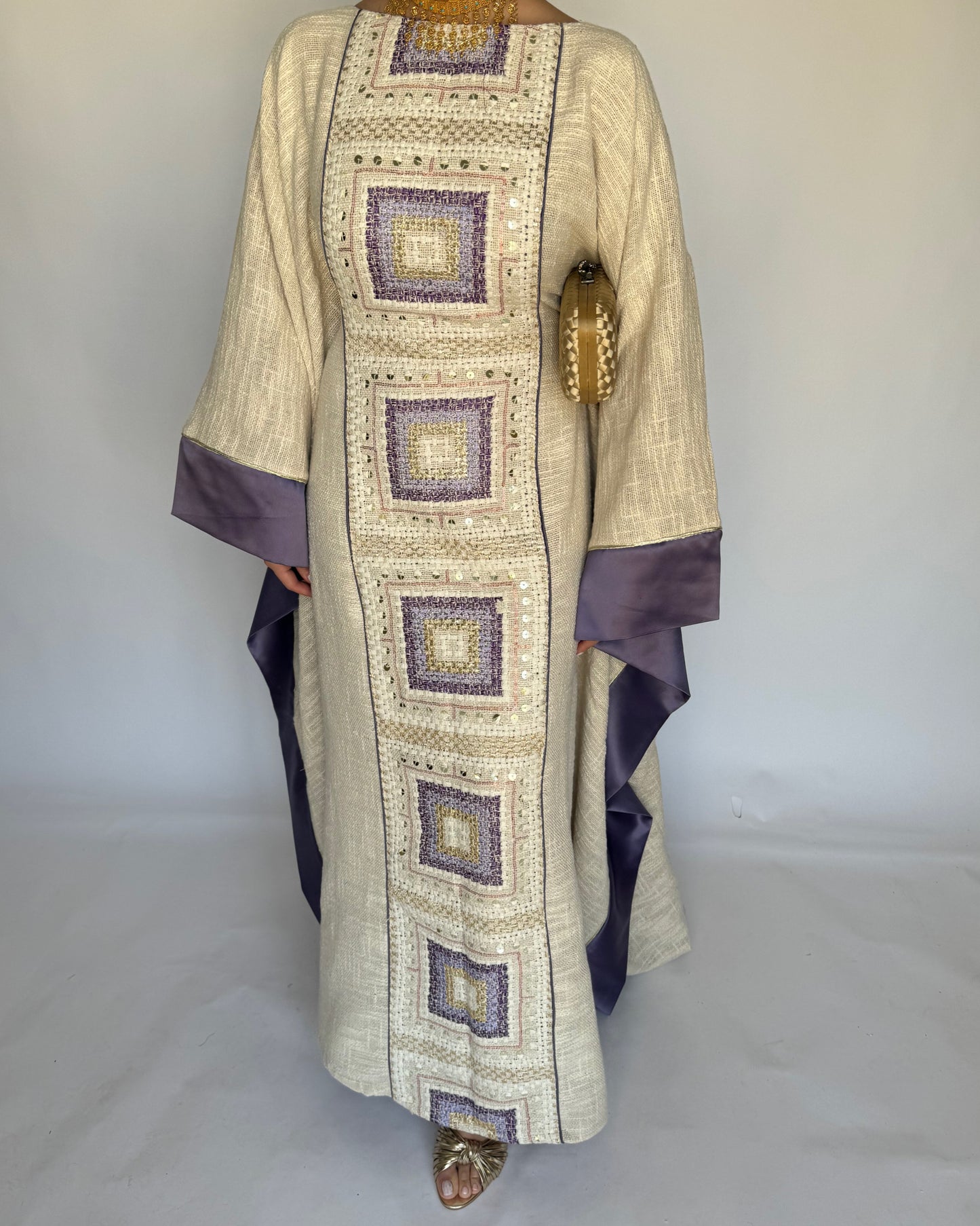 A340 - Purple & Beige Linen Butterfly Cut Jalabiya