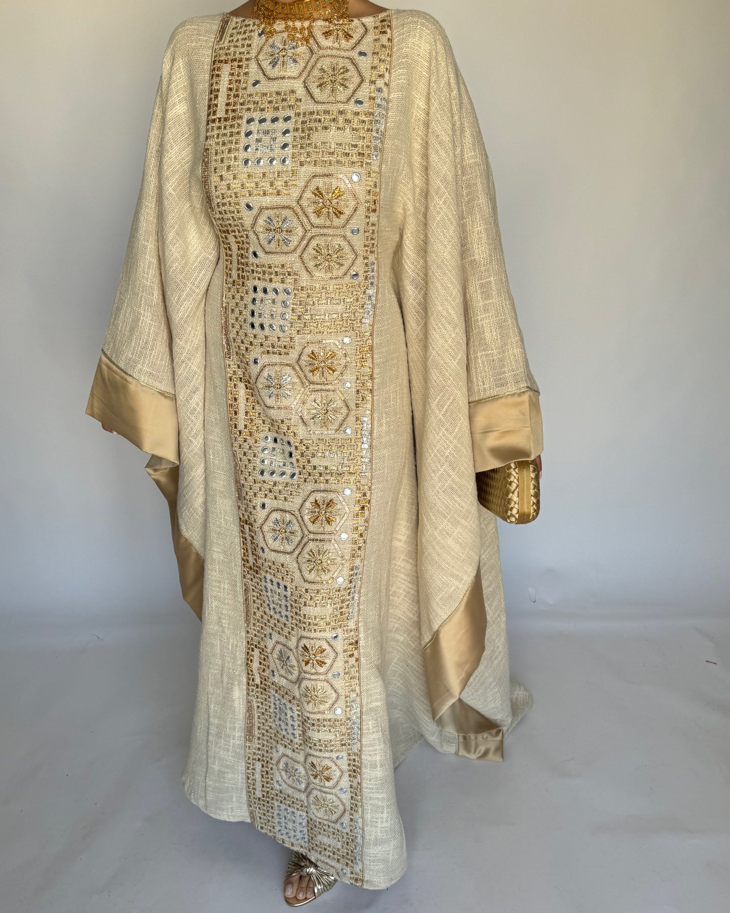 A339 - Gold & Beige Linen Butterfly Cut Jalabiya
