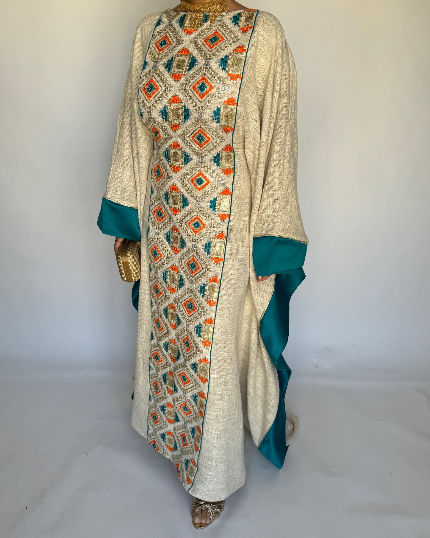 A337 - Blue/ Orange & Beige Linen Butterfly Cut Jalabiya