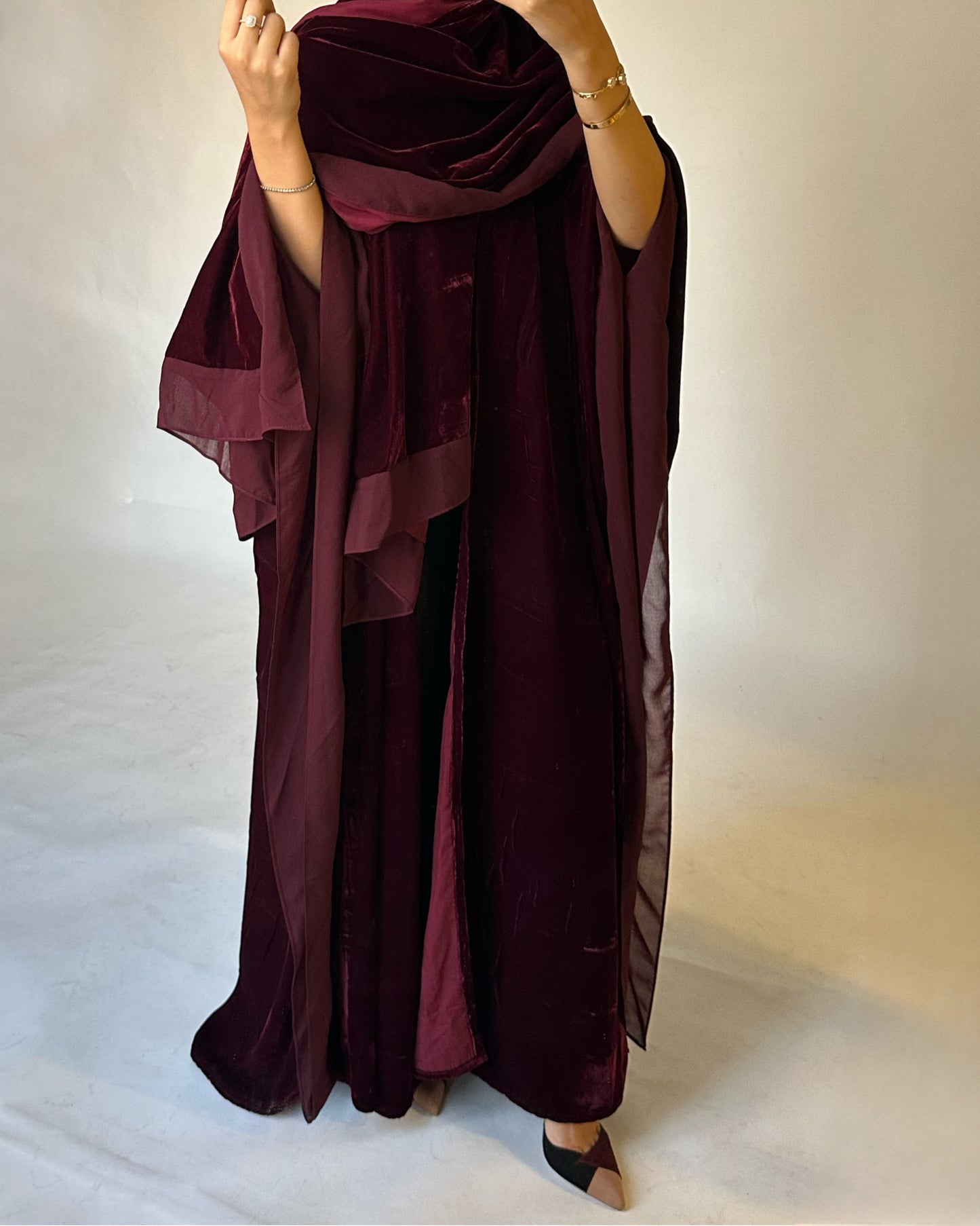 A138 - Maroon Burgandy Velvet Abaya, Velvet Head Scarf & Chiffon Dress