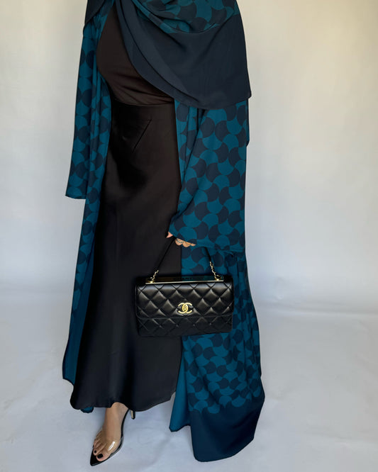 A281 - Shades of  Blue Half Bisht Pattern Abaya & Matching Head Scarf (READY TO SHIP)