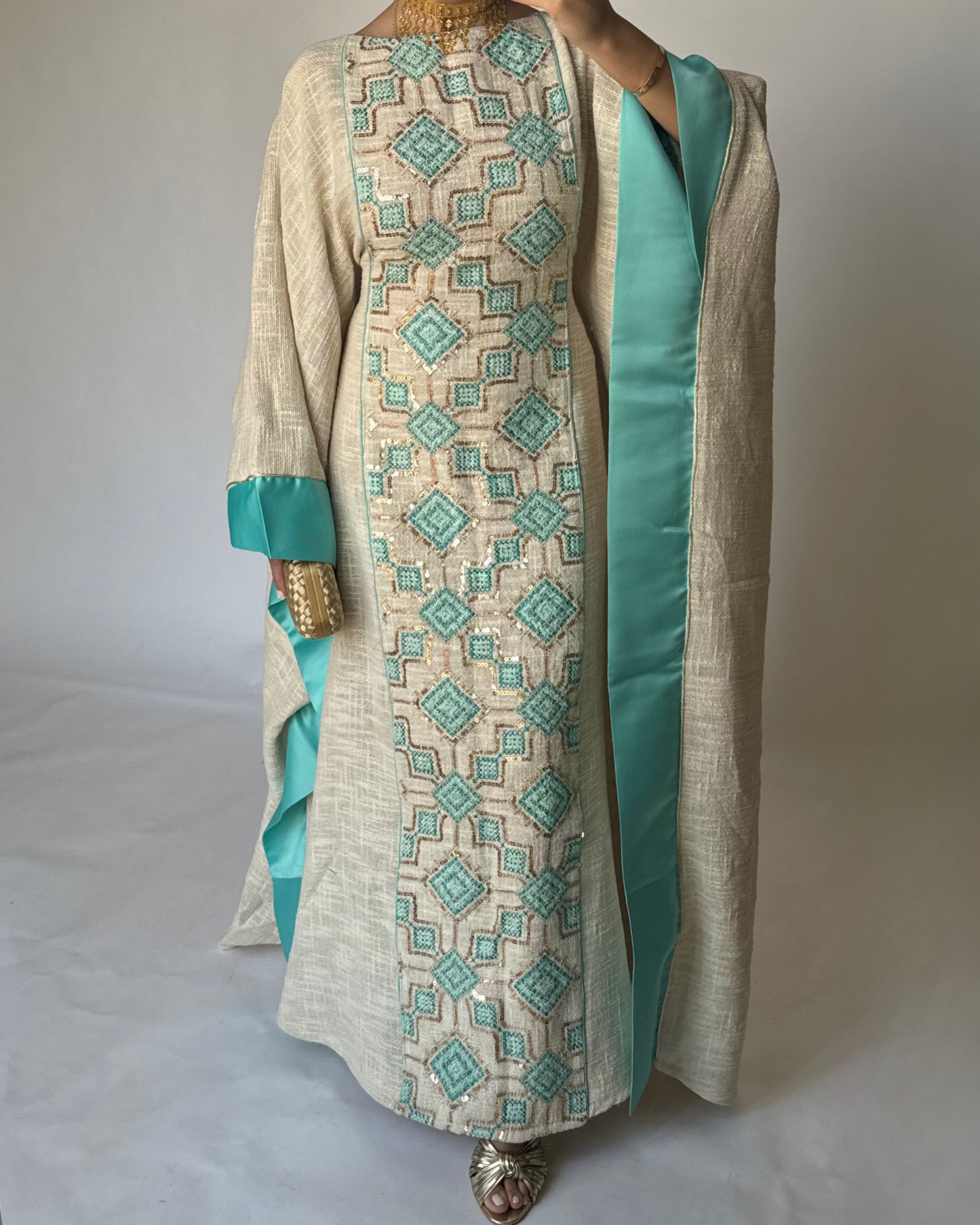 A335 - Blue & Beige Linen Butterfly Cut Jalabiya