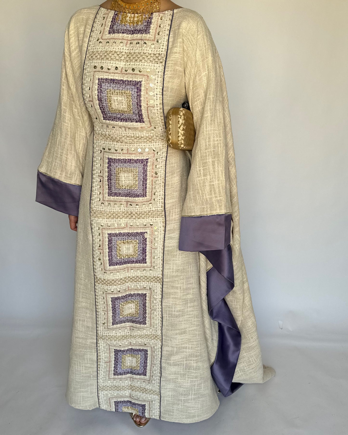 A340 - Purple & Beige Linen Butterfly Cut Jalabiya