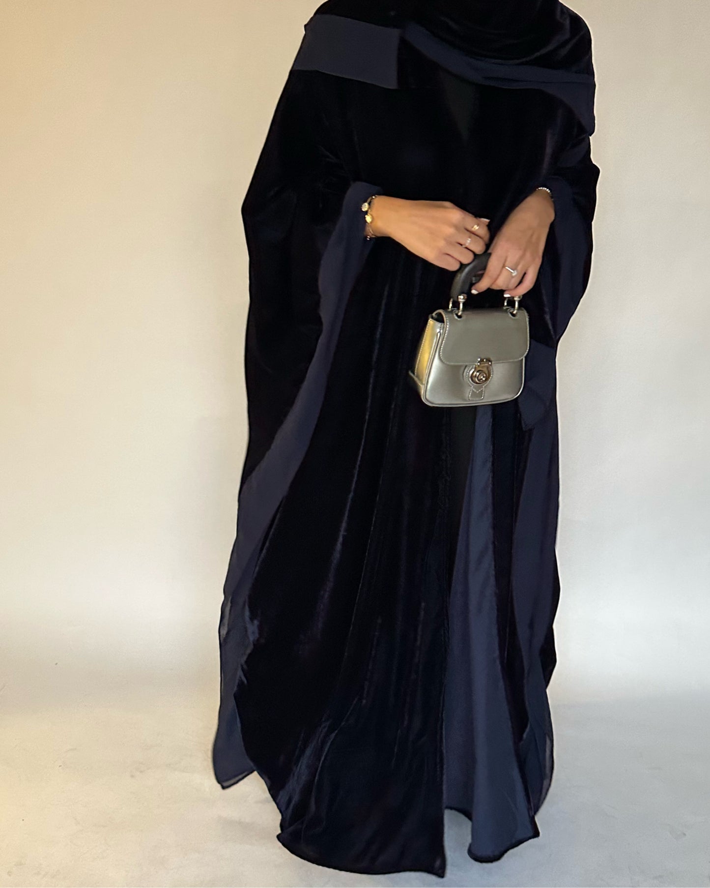 A137 - Navy Blue Velvet Abaya, Velvet Head Scarf & Chiffon Dress