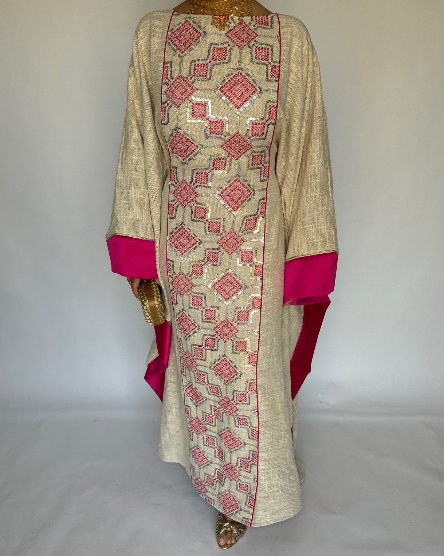 A336 - Pink & Beige Linen Butterfly Cut Jalabiya