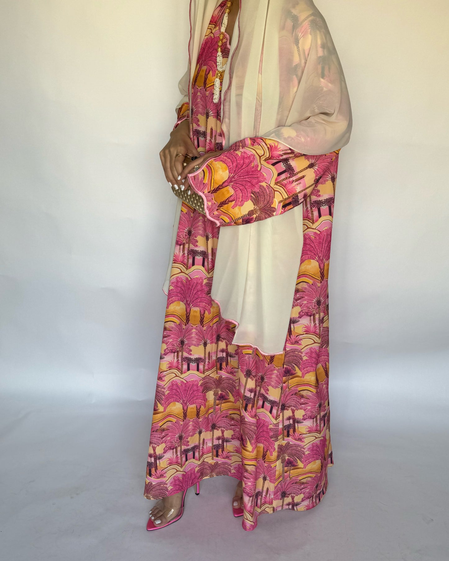 A154 - Pink Palm Tree Pattern Jalabiya and Head Scarf