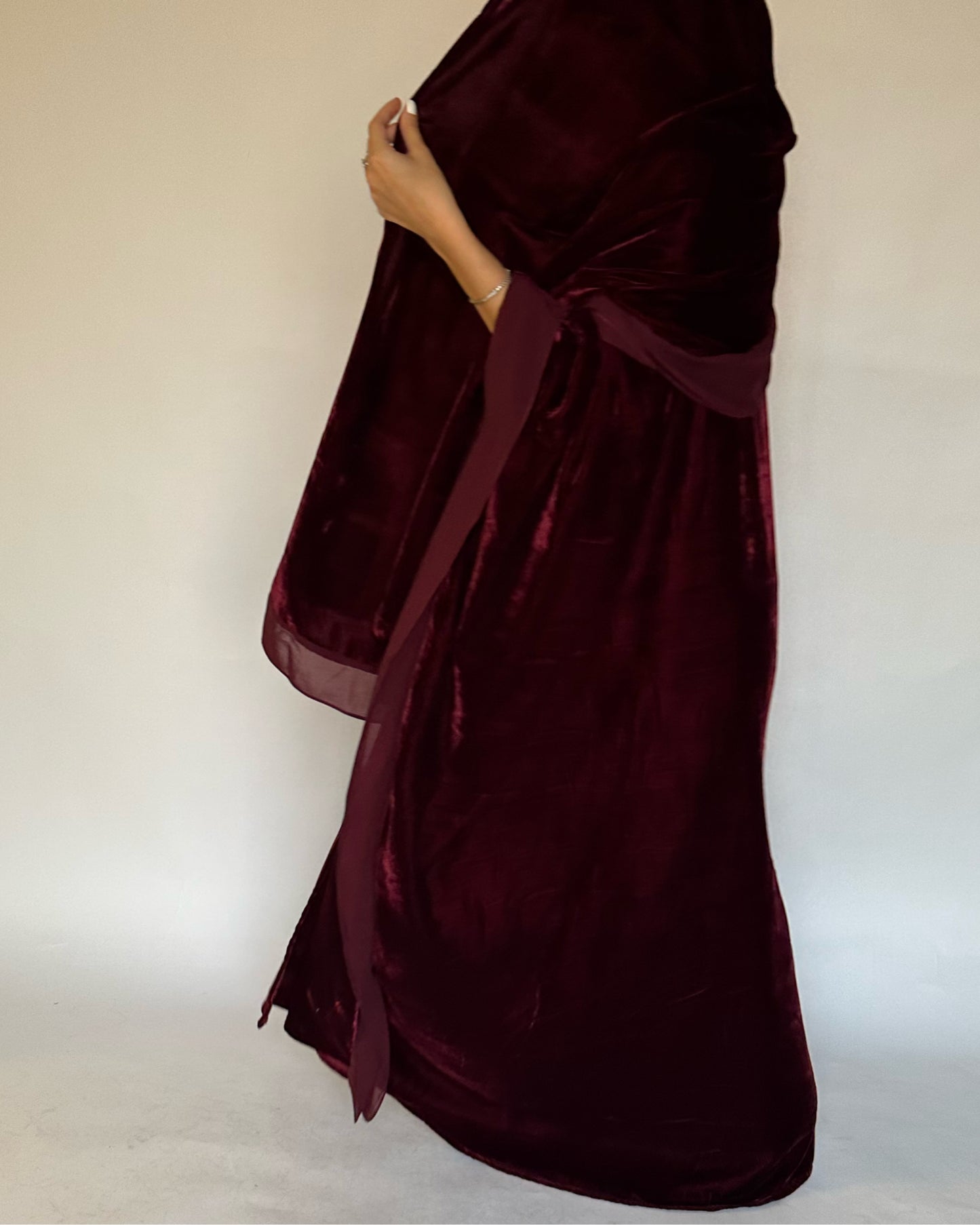 A138 - Maroon Burgandy Velvet Abaya, Velvet Head Scarf & Chiffon Dress