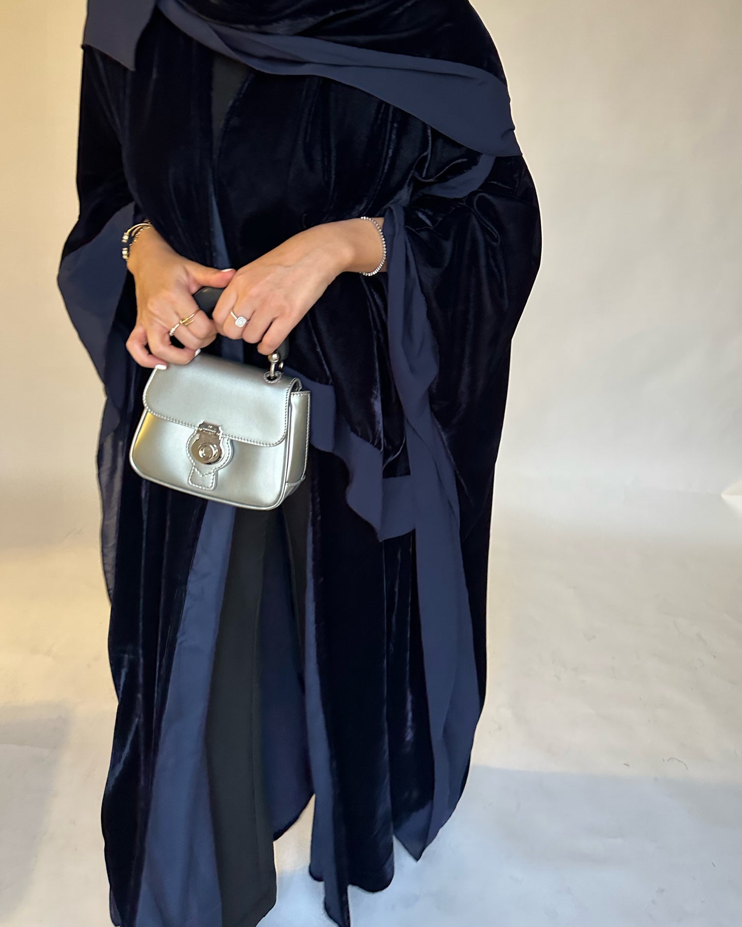 A137 - Navy Blue Velvet Abaya, Velvet Head Scarf & Chiffon Dress
