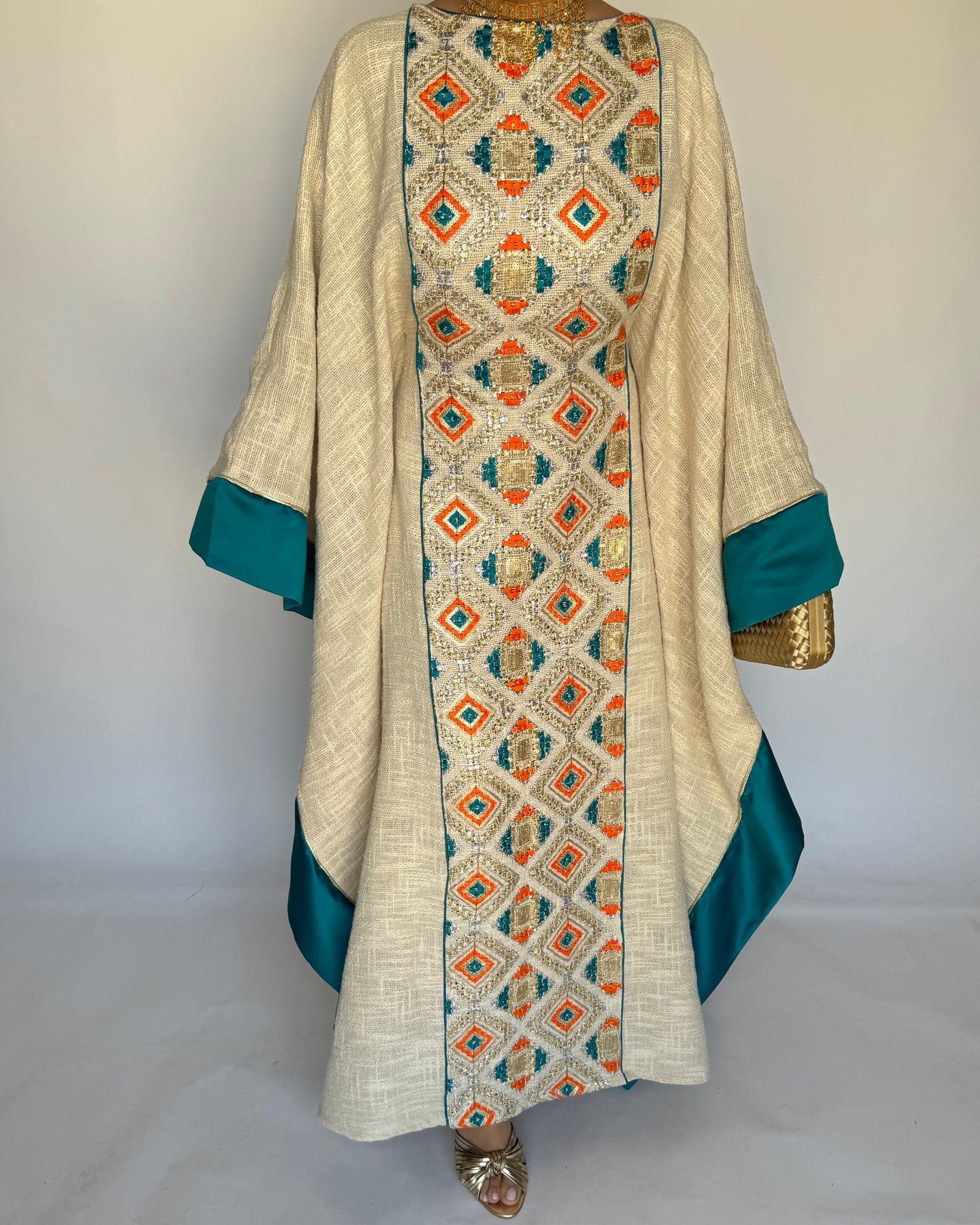 A337 - Blue/ Orange & Beige Linen Butterfly Cut Jalabiya