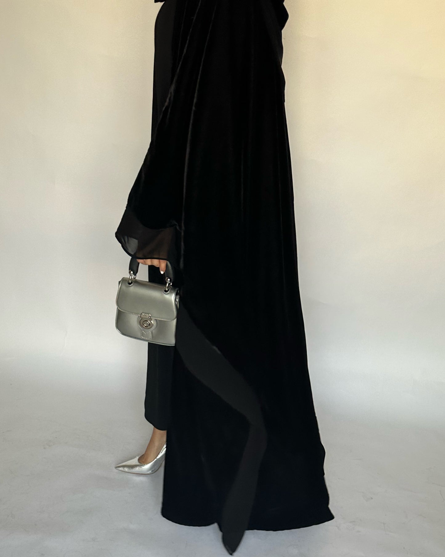 A140 - Black Velvet Abaya, Velvet Head Scarf & Chiffon Dress