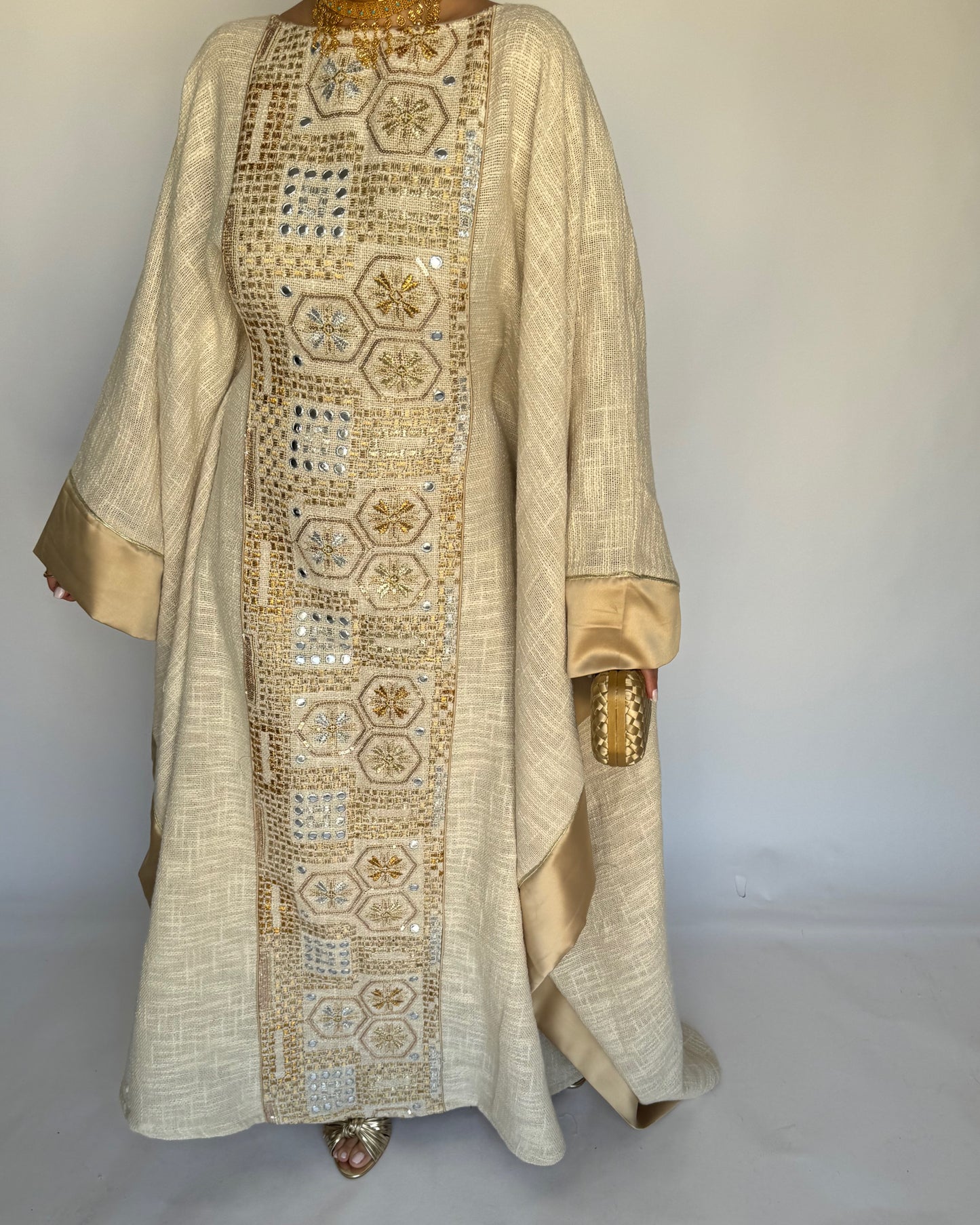 A339 - Gold & Beige Linen Butterfly Cut Jalabiya