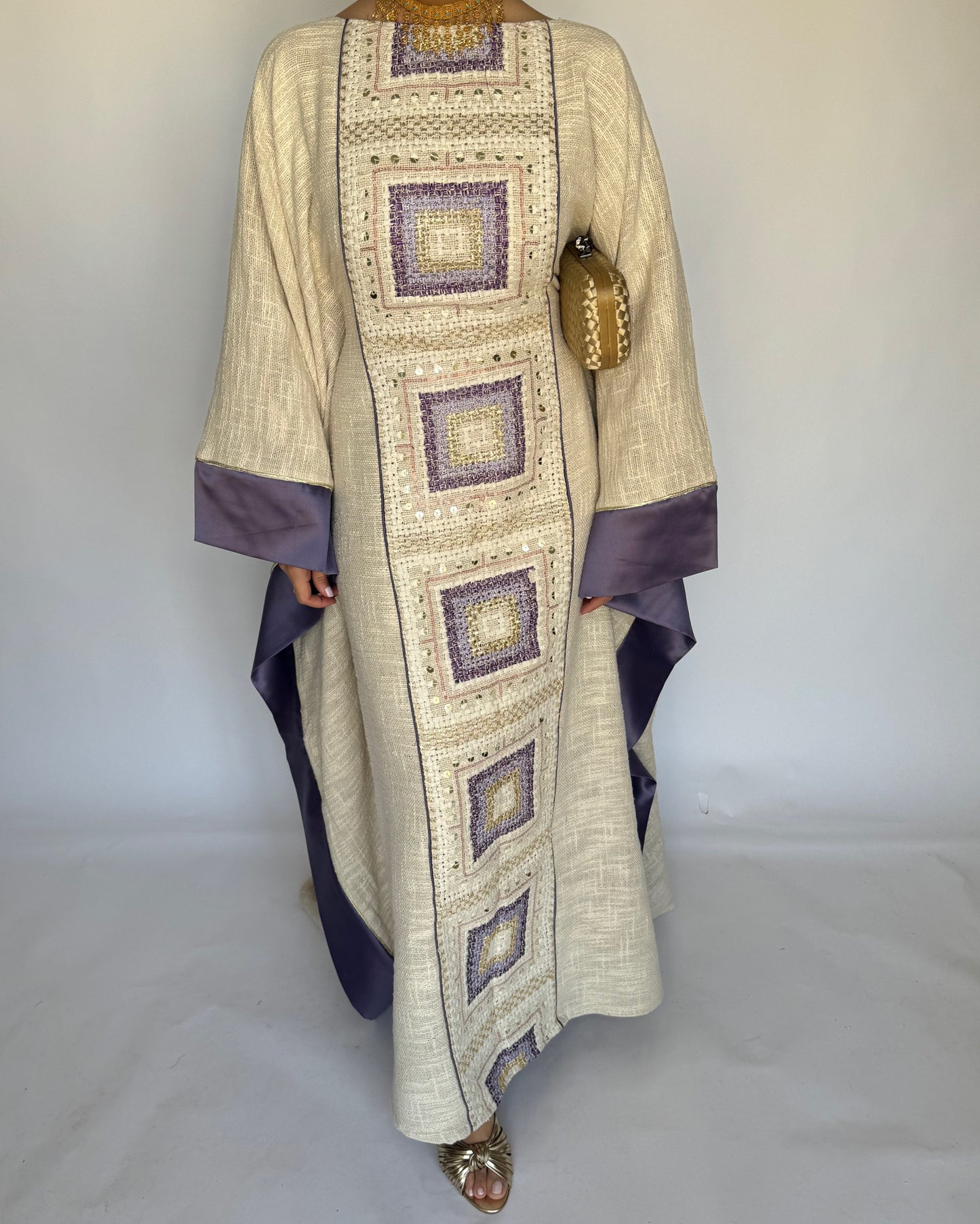 A340 - Purple & Beige Linen Butterfly Cut Jalabiya