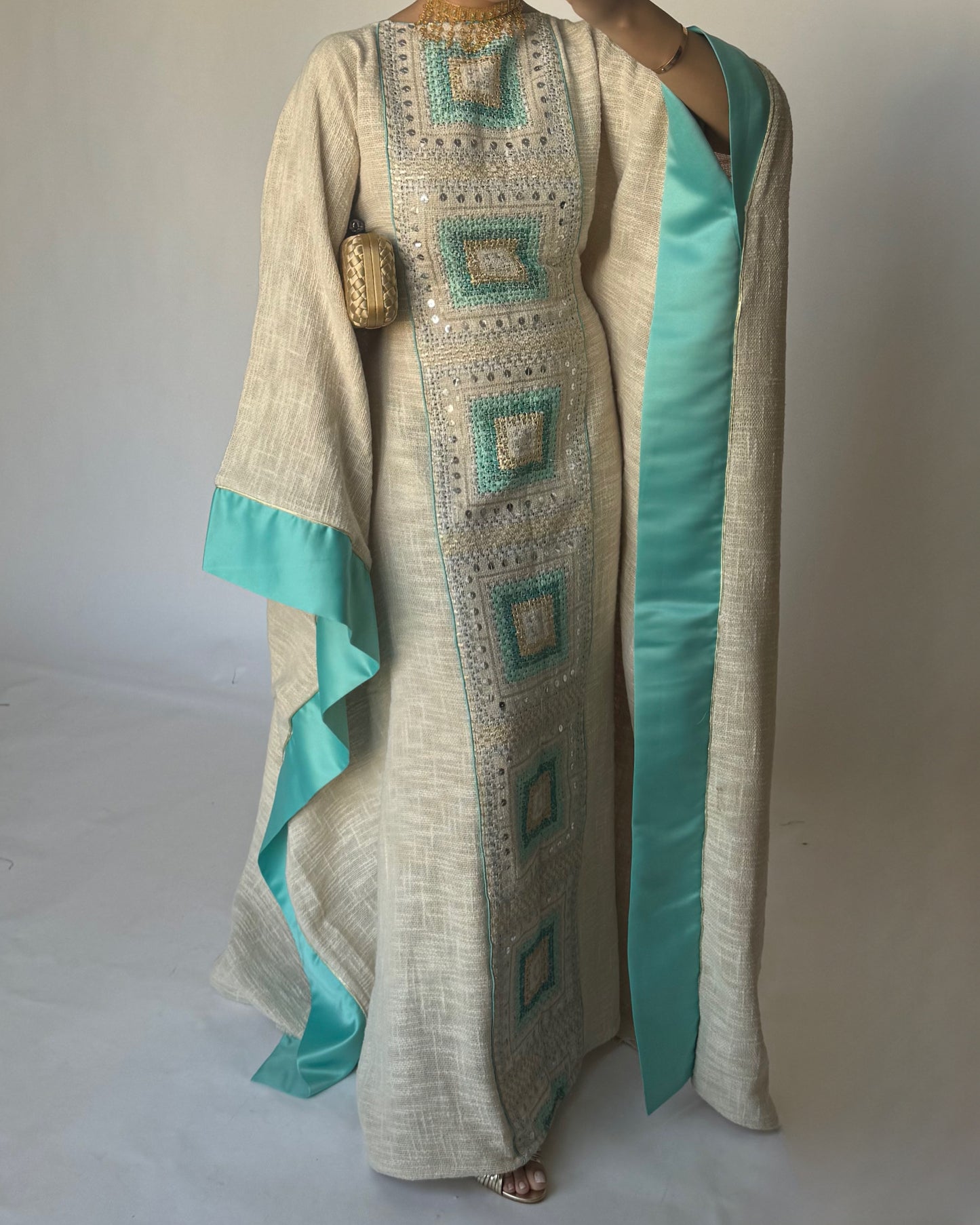 A338 - Blue & Beige Linen Butterfly Cut Jalabiya