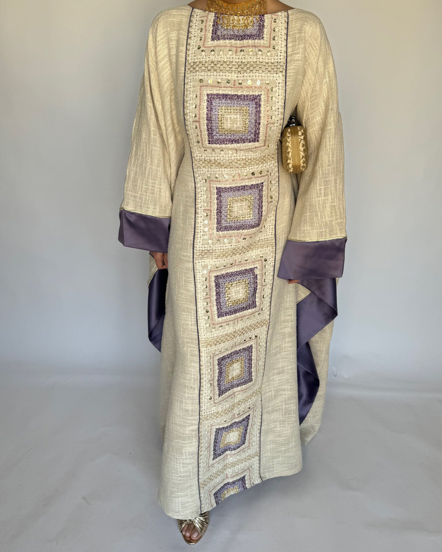 A340 - Purple & Beige Linen Butterfly Cut Jalabiya