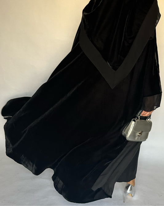 A140 - Black Velvet Abaya, Velvet Head Scarf & Chiffon Dress