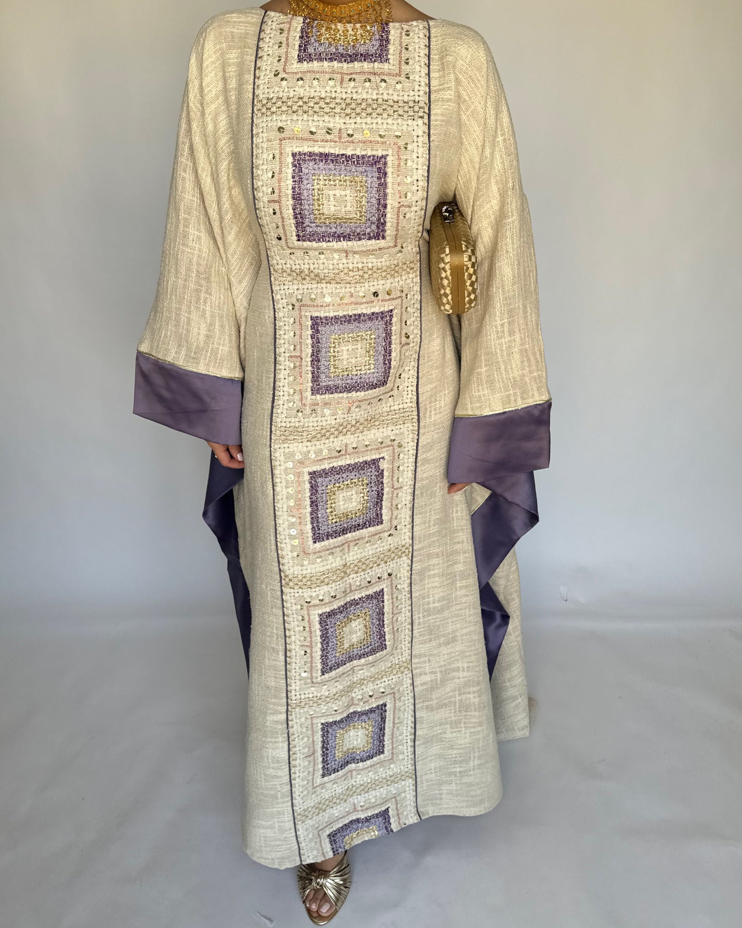 A340 - Purple & Beige Linen Butterfly Cut Jalabiya