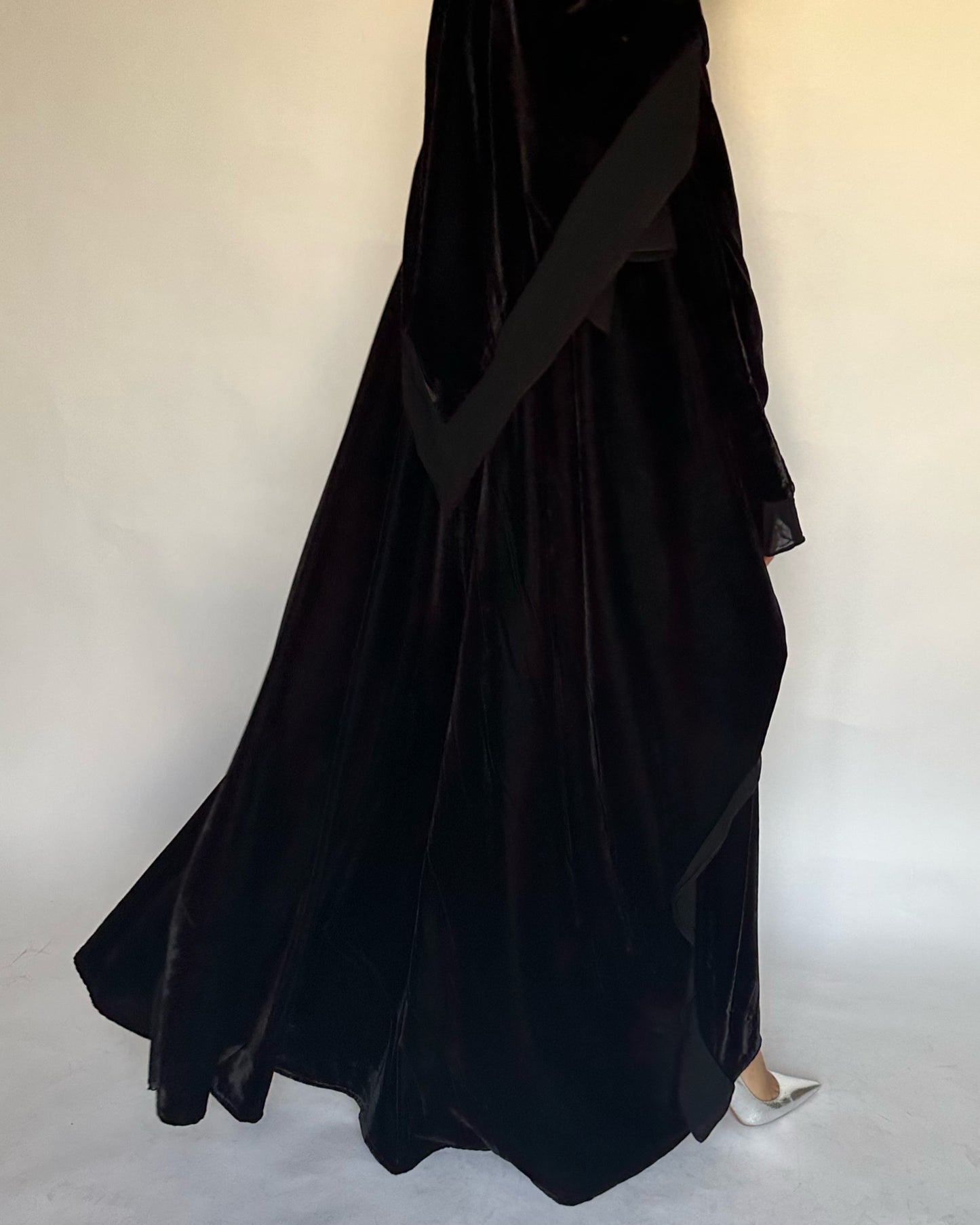 A140 - Black Velvet Abaya, Velvet Head Scarf & Chiffon Dress