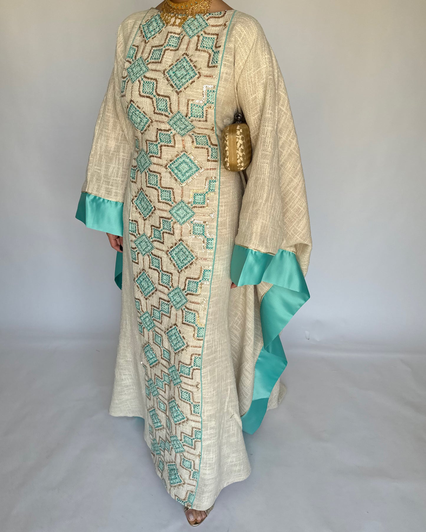 A335 - Blue & Beige Linen Butterfly Cut Jalabiya