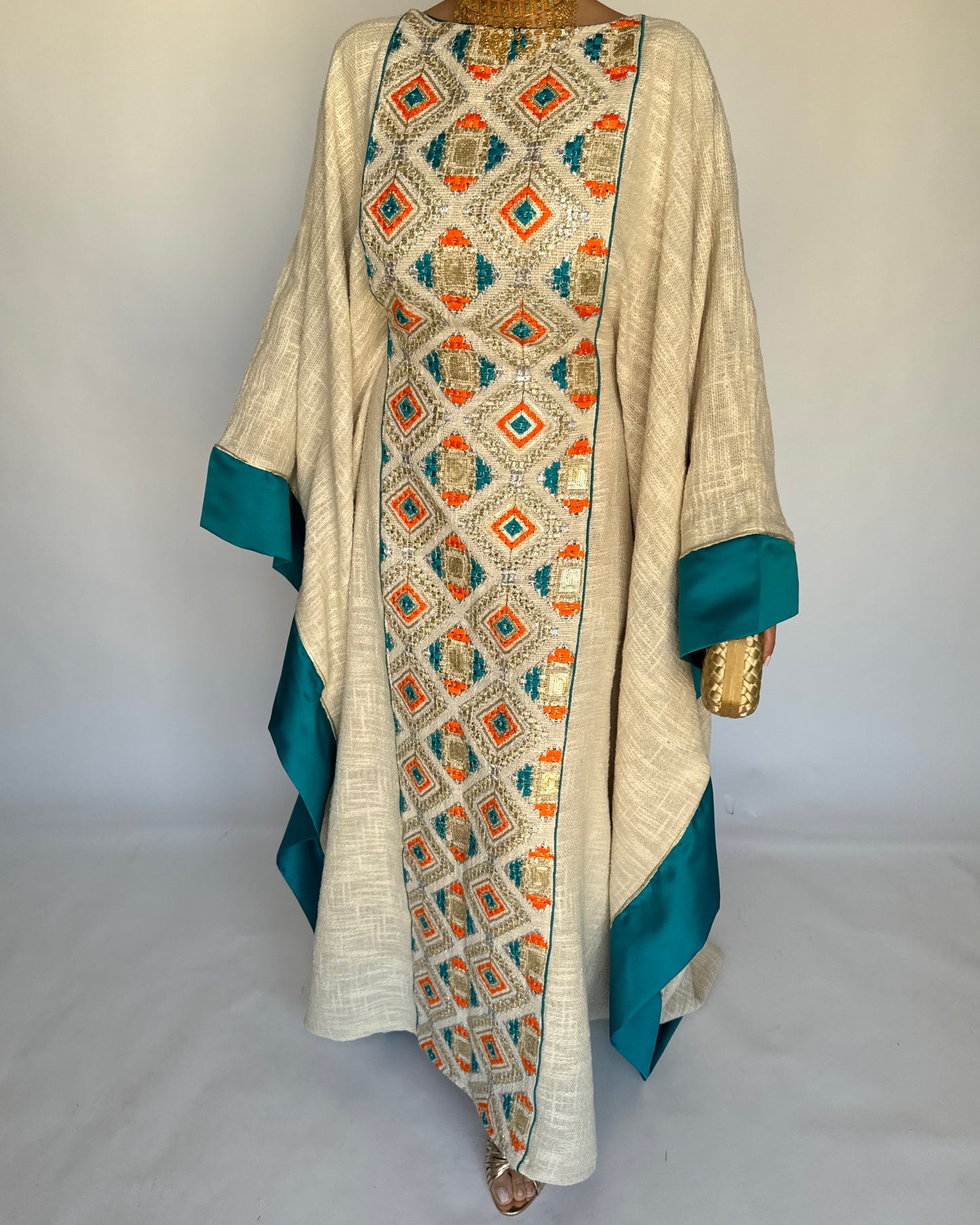 A337 - Blue/ Orange & Beige Linen Butterfly Cut Jalabiya