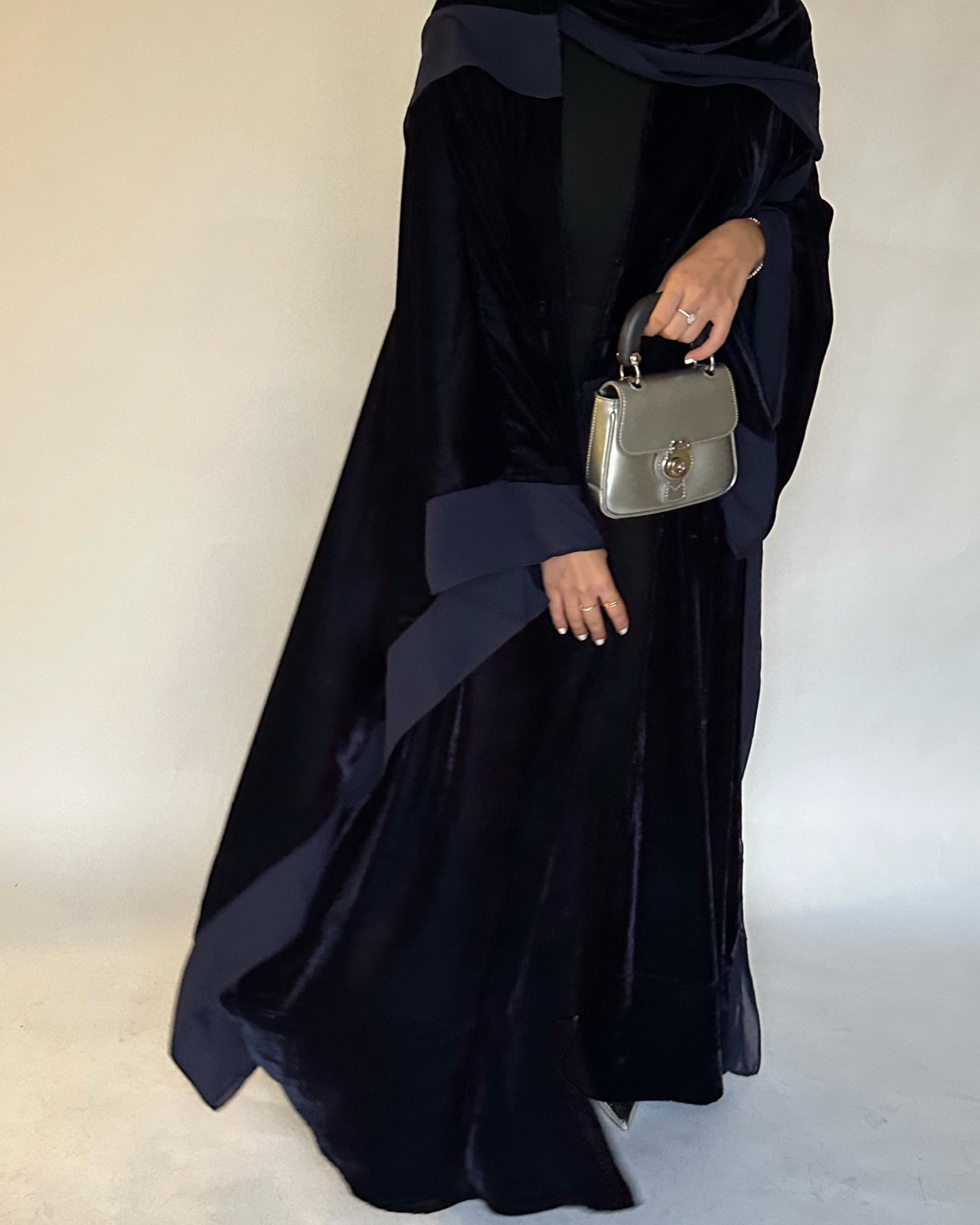 A137 - Navy Blue Velvet Abaya, Velvet Head Scarf & Chiffon Dress
