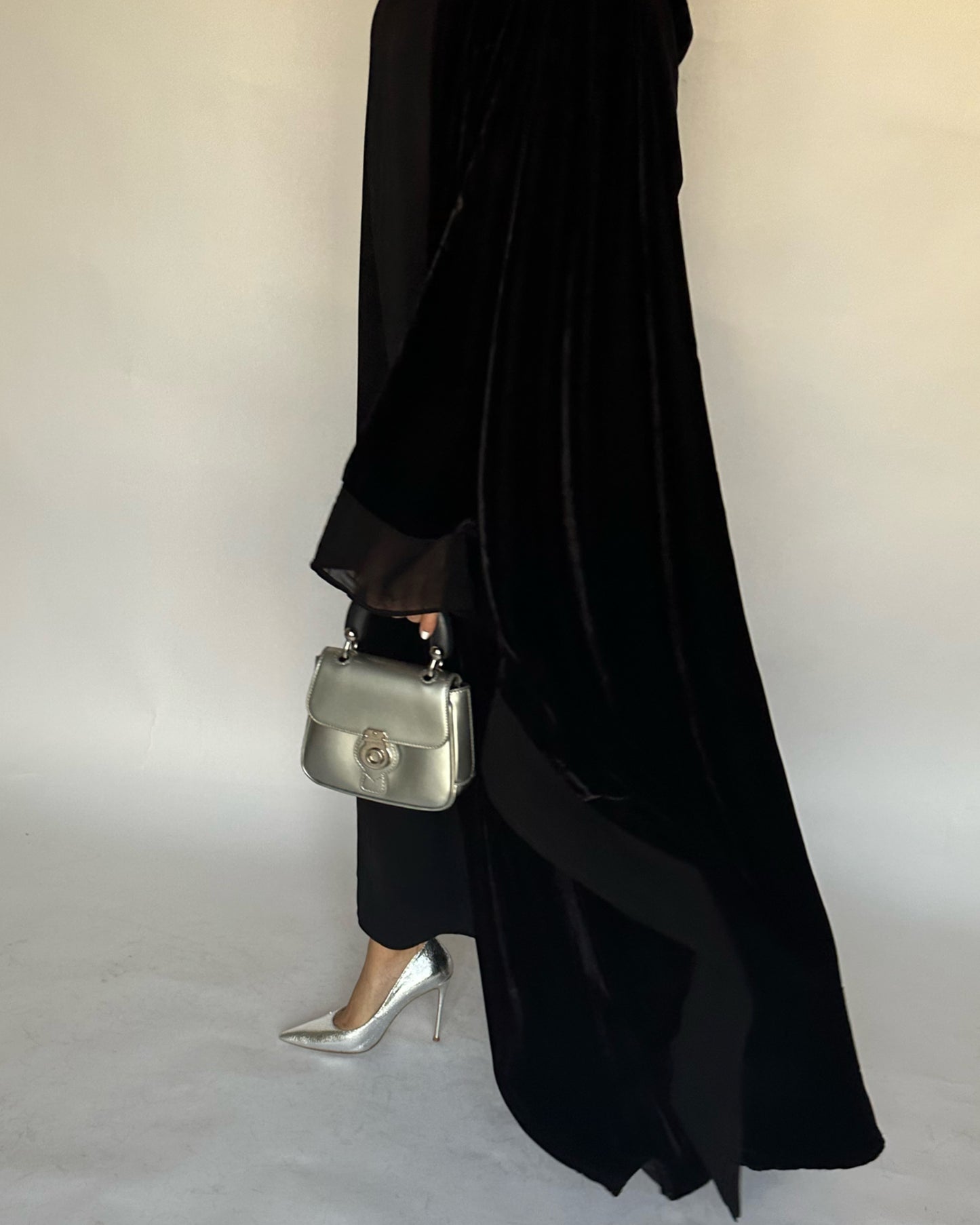 A140 - Black Velvet Abaya, Velvet Head Scarf & Chiffon Dress