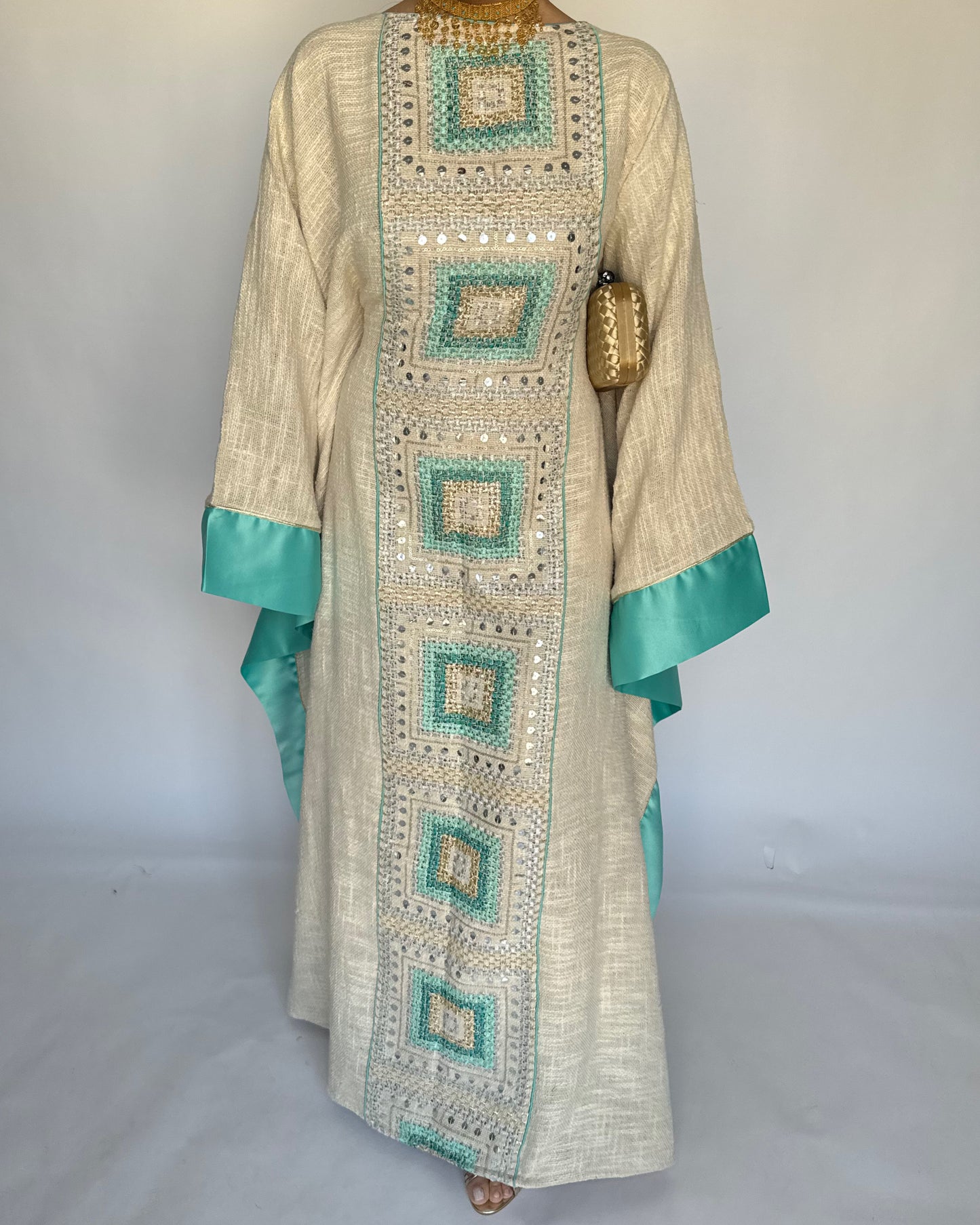 A338 - Blue & Beige Linen Butterfly Cut Jalabiya