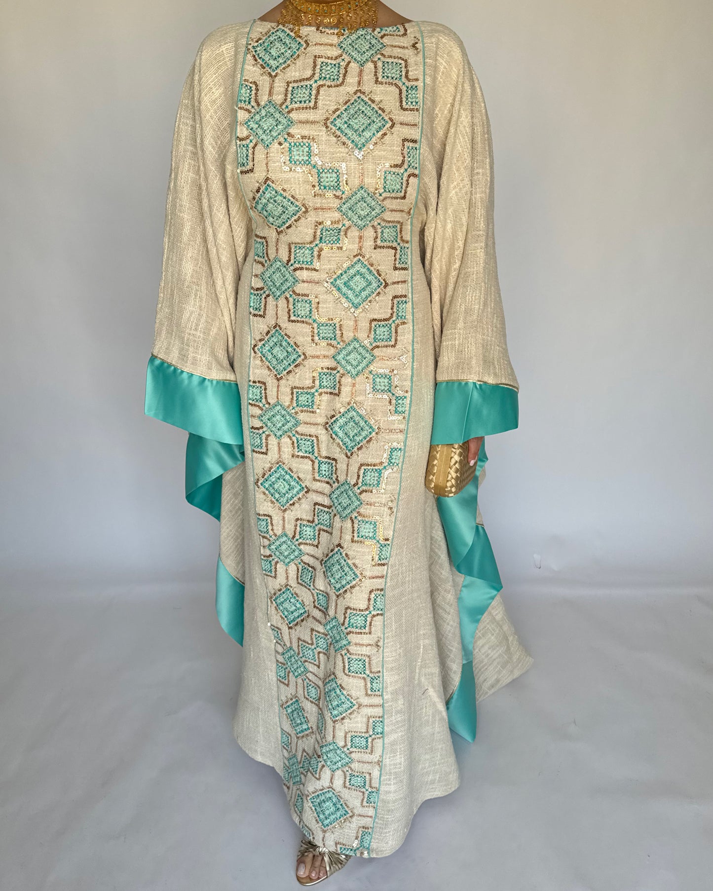 A335 - Blue & Beige Linen Butterfly Cut Jalabiya