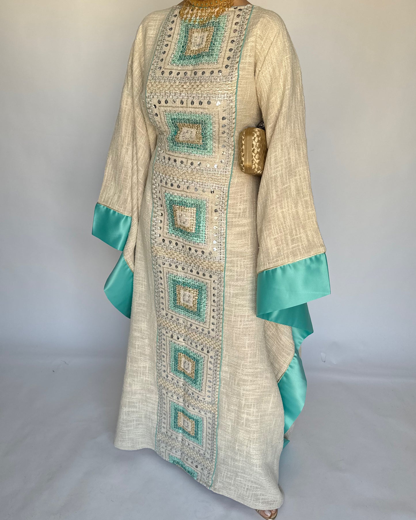 A338 - Blue & Beige Linen Butterfly Cut Jalabiya