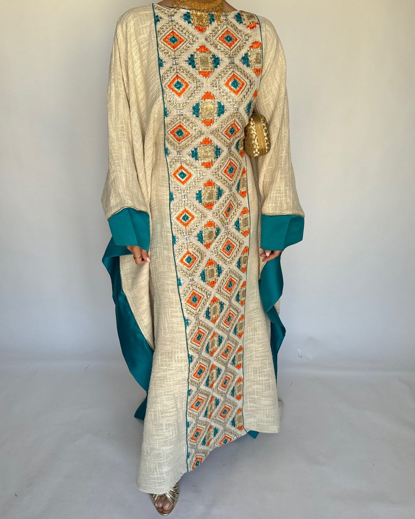 A337 - Blue/ Orange & Beige Linen Butterfly Cut Jalabiya