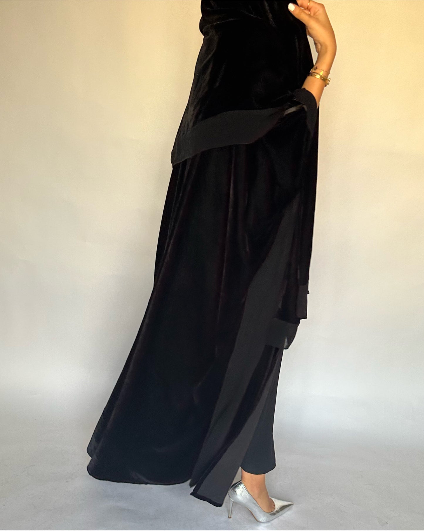 A140 - Black Velvet Abaya, Velvet Head Scarf & Chiffon Dress