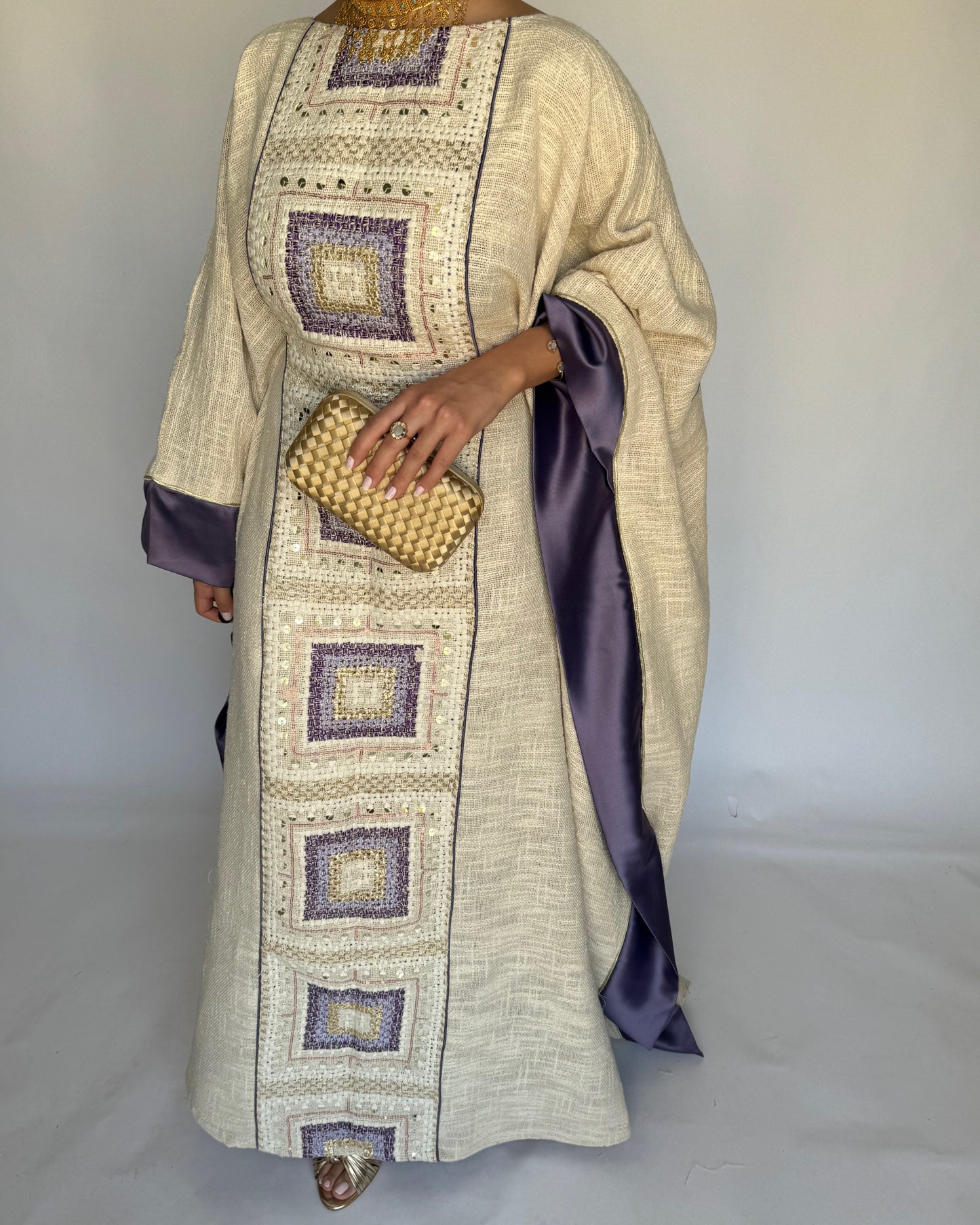 A340 - Purple & Beige Linen Butterfly Cut Jalabiya