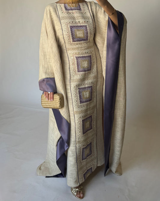 A340 - Purple & Beige Linen Butterfly Cut Jalabiya