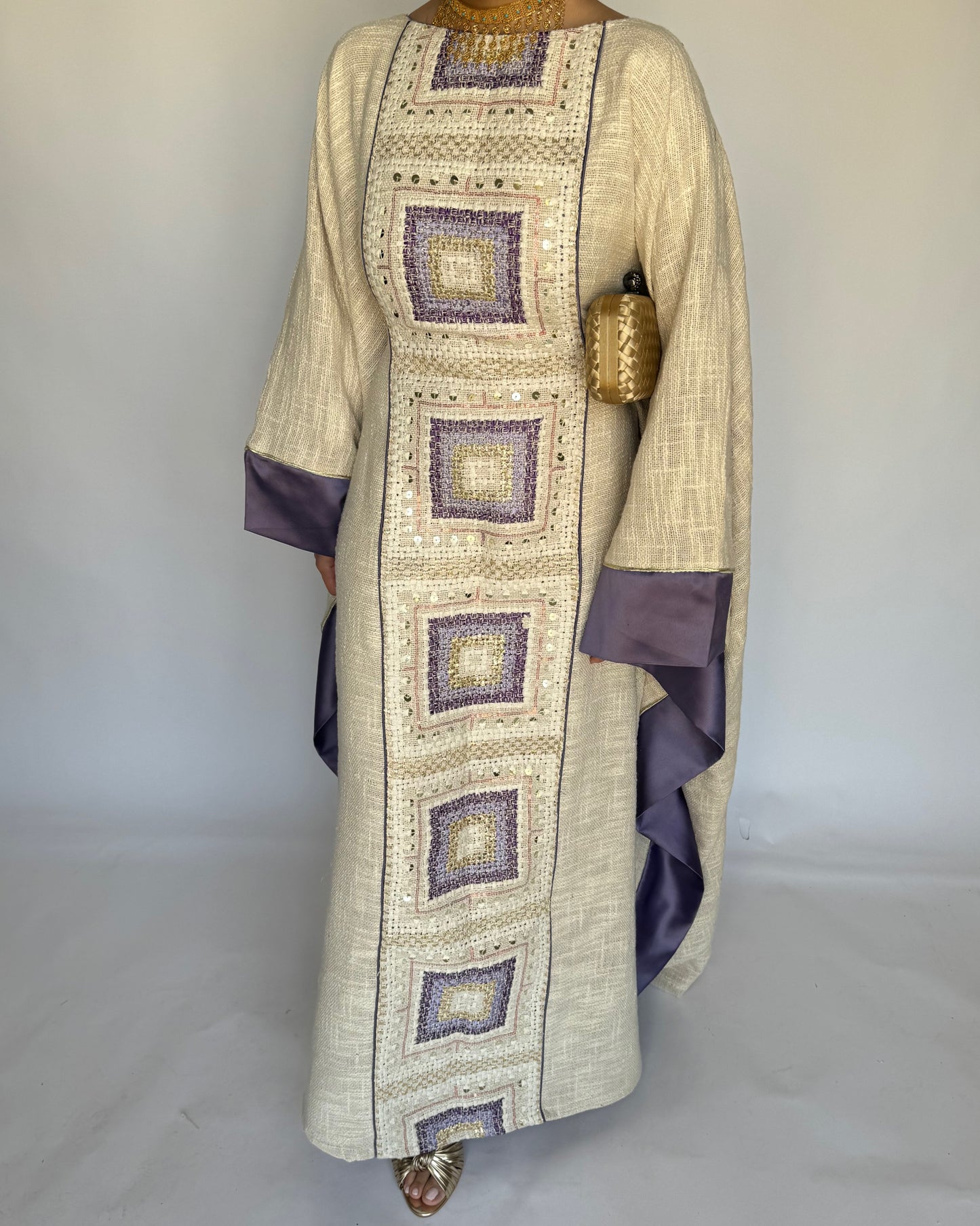 A340 - Purple & Beige Linen Butterfly Cut Jalabiya
