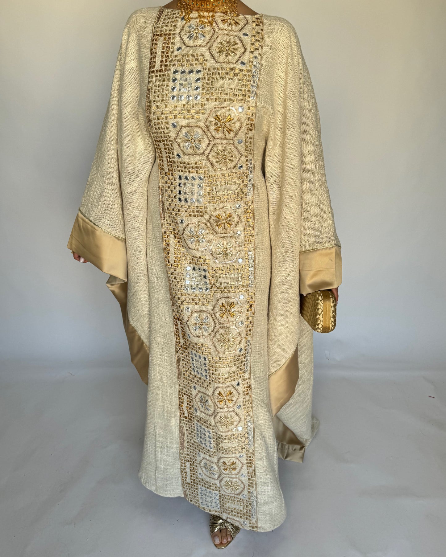 A339 - Gold & Beige Linen Butterfly Cut Jalabiya