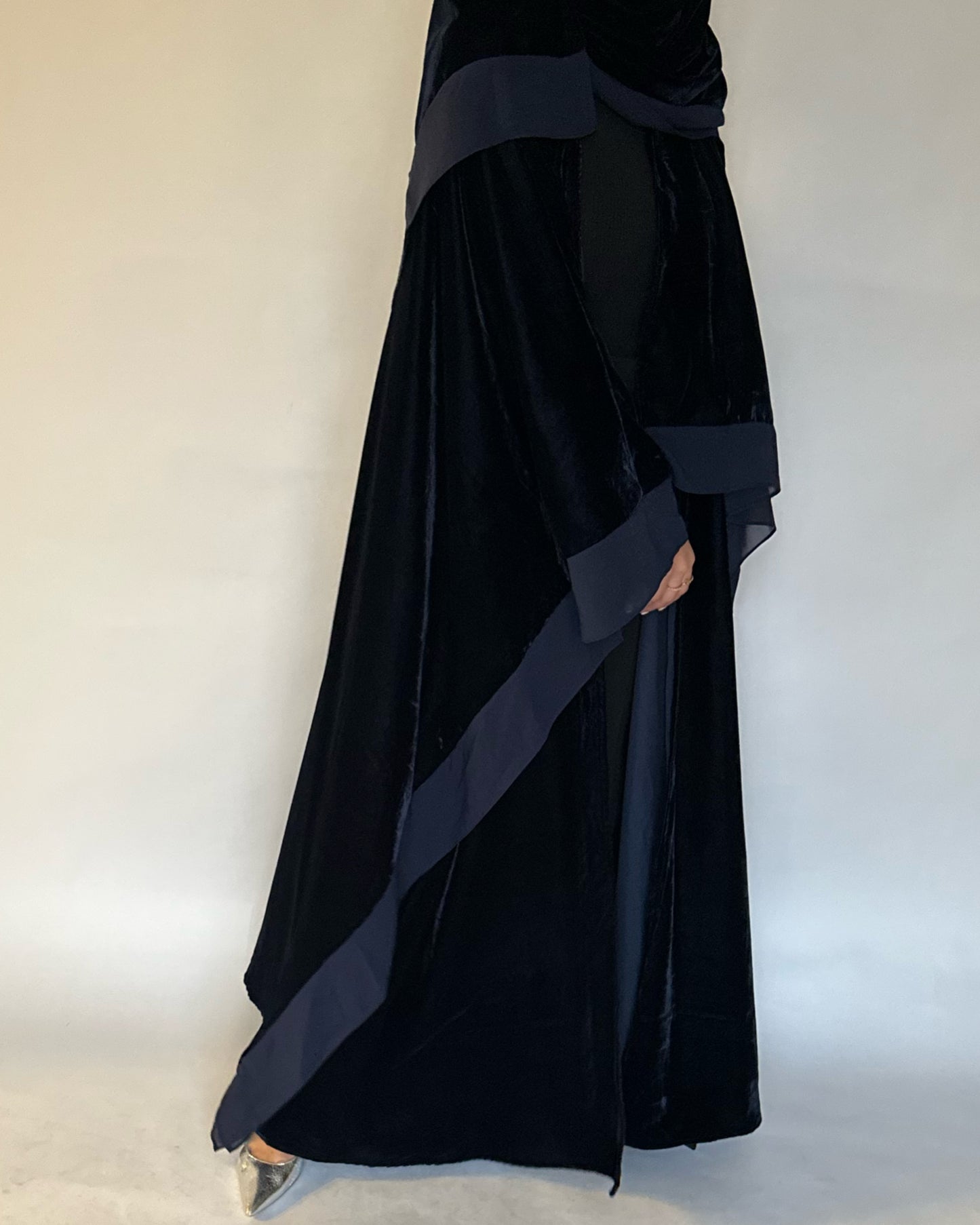 A137 - Navy Blue Velvet Abaya, Velvet Head Scarf & Chiffon Dress