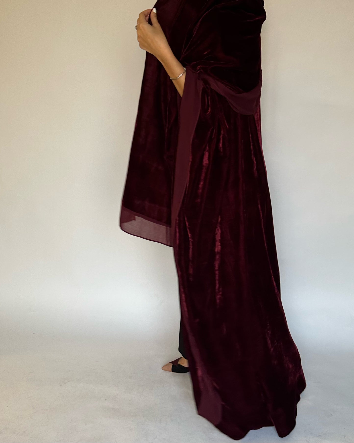 A138 - Maroon Burgandy Velvet Abaya, Velvet Head Scarf & Chiffon Dress
