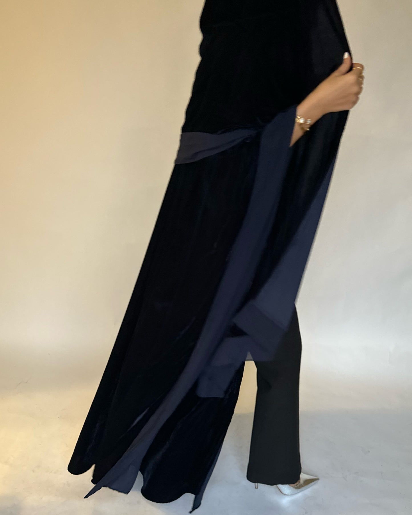 A137 - Navy Blue Velvet Abaya, Velvet Head Scarf & Chiffon Dress