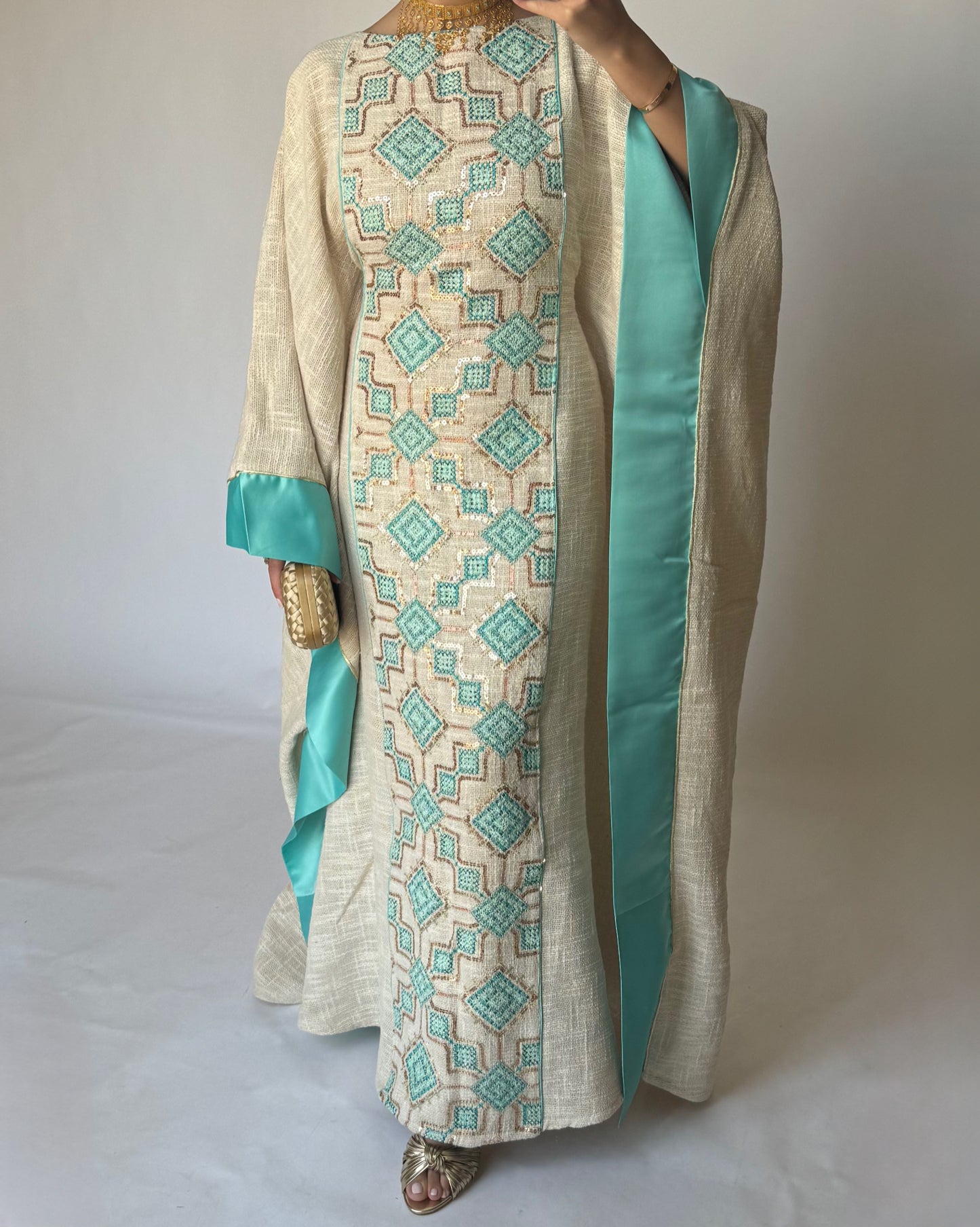 A335 - Blue & Beige Linen Butterfly Cut Jalabiya