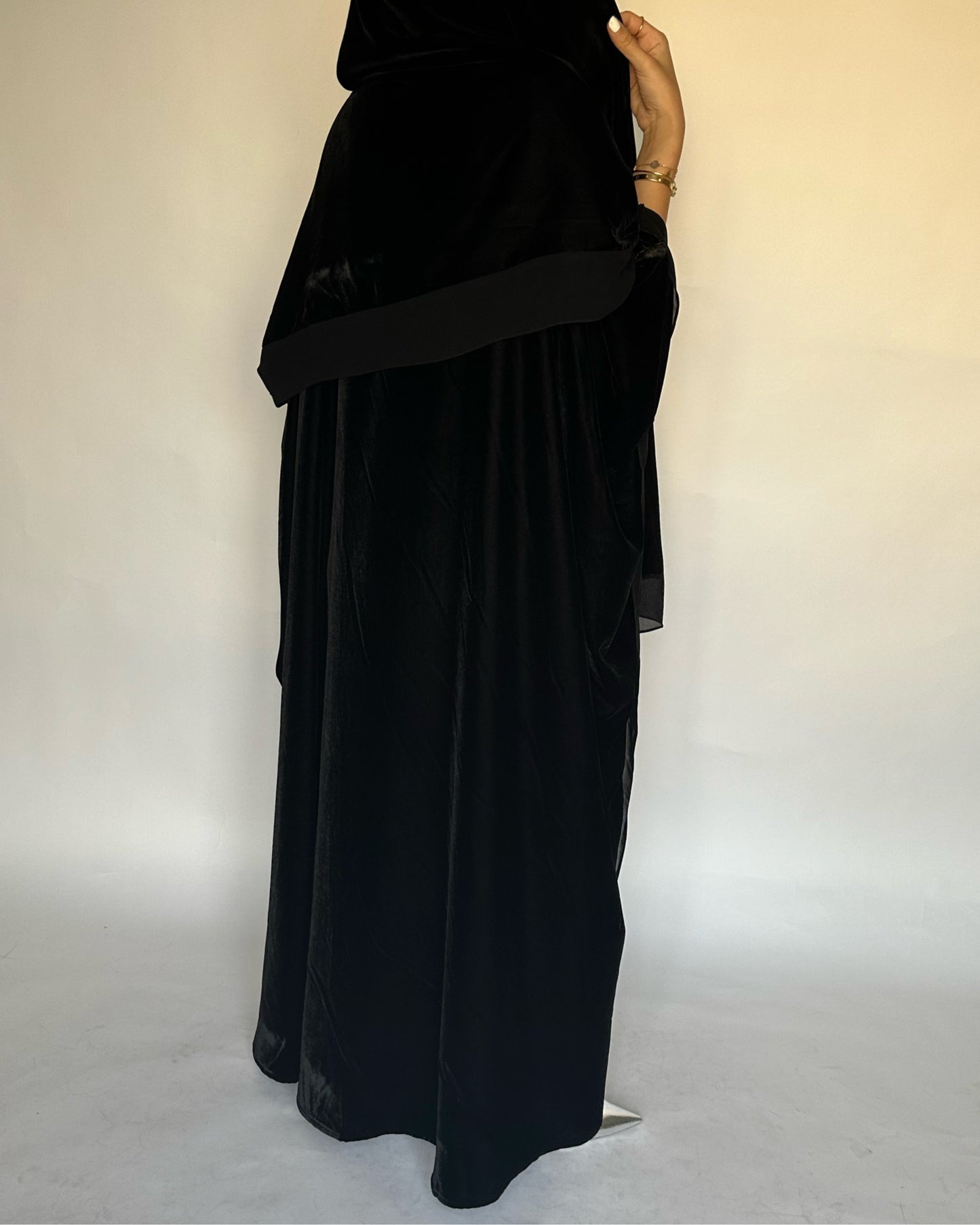 A140 - Black Velvet Abaya, Velvet Head Scarf & Chiffon Dress